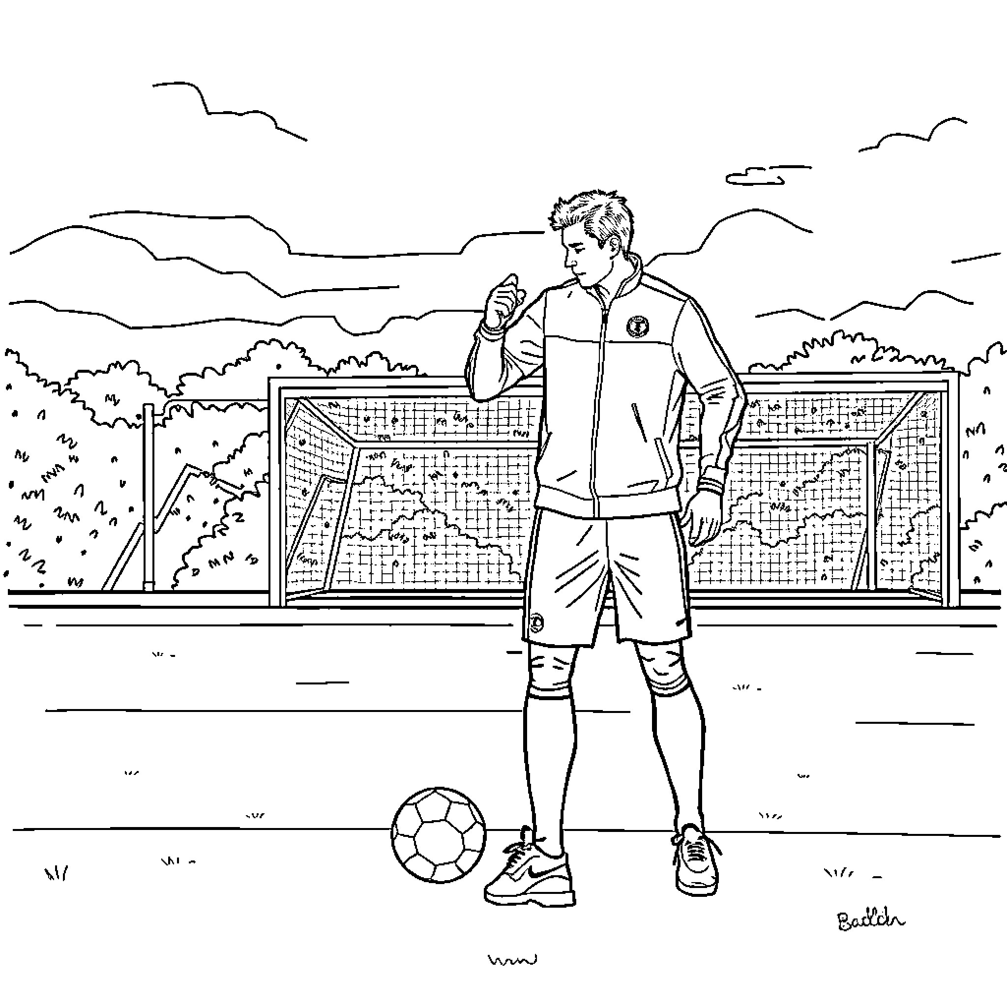Fußballer posiert auf dem Fußballfeld Coloring Page (free black-and-white line drawing printable PDF for all, from beginners to advanced learners, including children, teens, adults, and seniors)