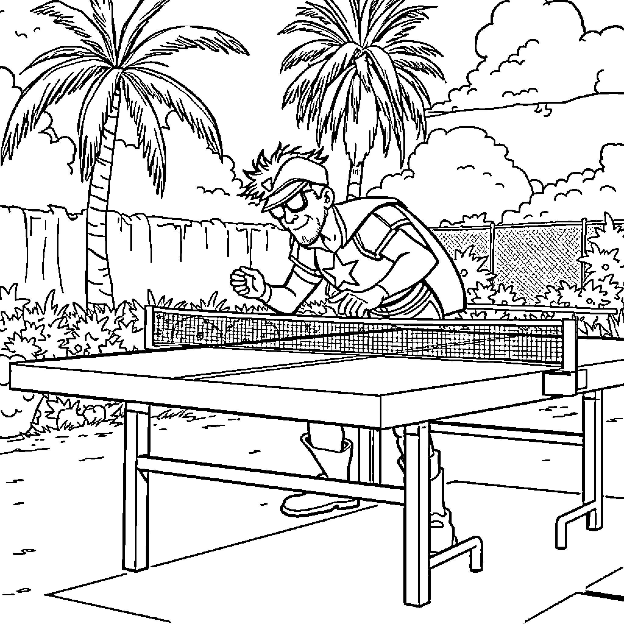 Captain America Playing Tennis in a Tropical Setting Coloring Page (free black-and-white line drawing printable PDF for all, from beginners to advanced learners, including children, teens, adults, and seniors)