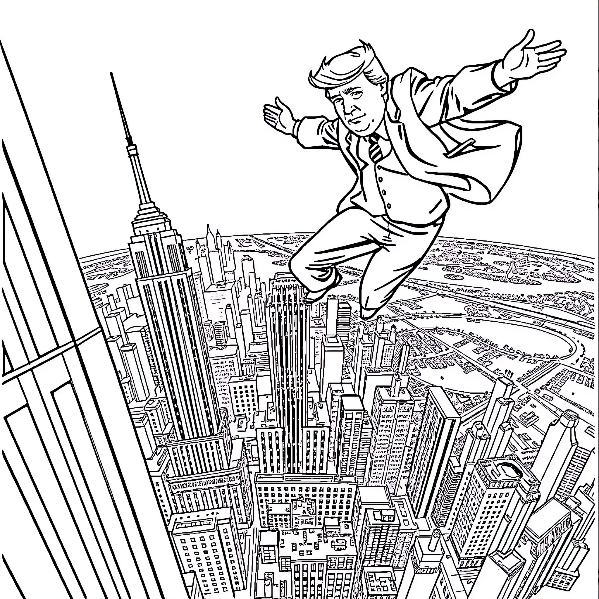 Trump soaring over the city skyline Coloring Page (free black-and-white line drawing printable PDF for all, from beginners to advanced learners, including children, teens, adults, and seniors)