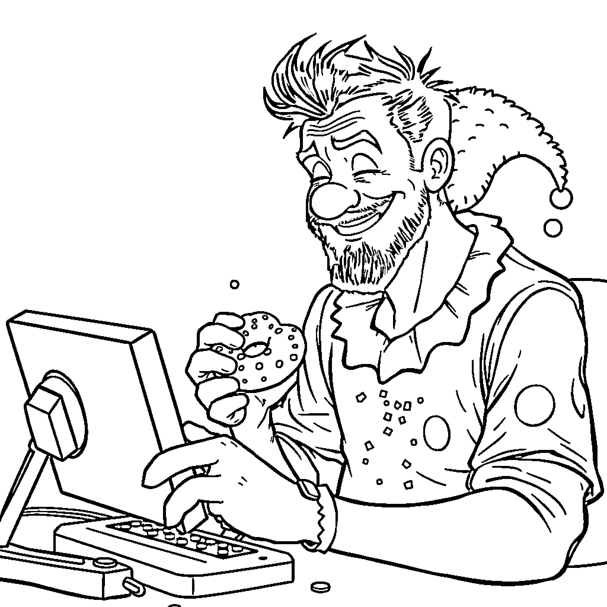 Man playing computer game with enthusiasm Coloring Page (free black-and-white line drawing printable PDF for all, from beginners to advanced learners, including children, teens, adults, and seniors)