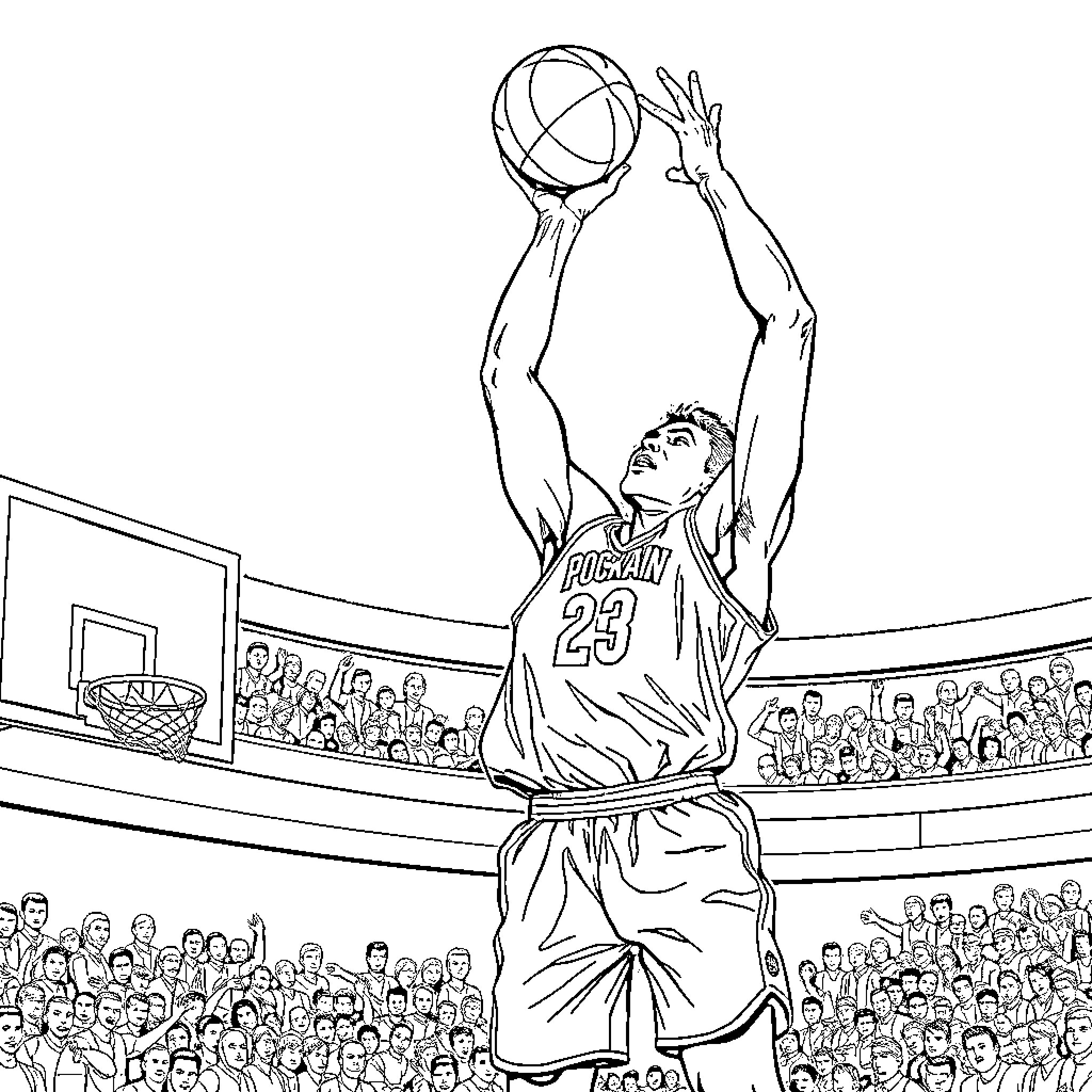 Basketball Player taking a shot during game Coloring Page (free black-and-white line drawing printable PDF for all, from beginners to advanced learners, including children, teens, adults, and seniors)