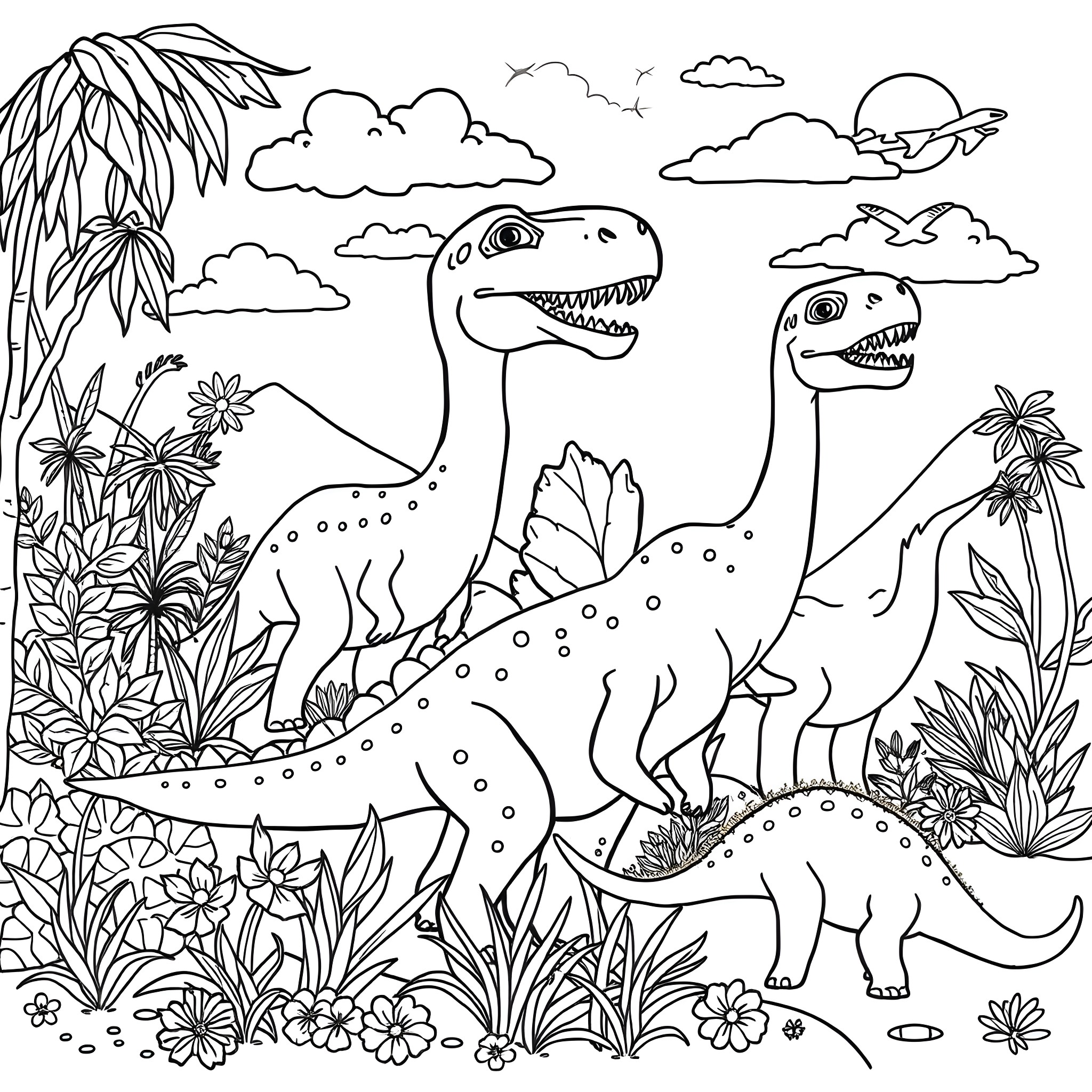 Dinosaurs playing in a lush jungle landscape Coloring Page (free black-and-white line drawing printable PDF for all, from beginners to advanced learners, including children, teens, adults, and seniors)