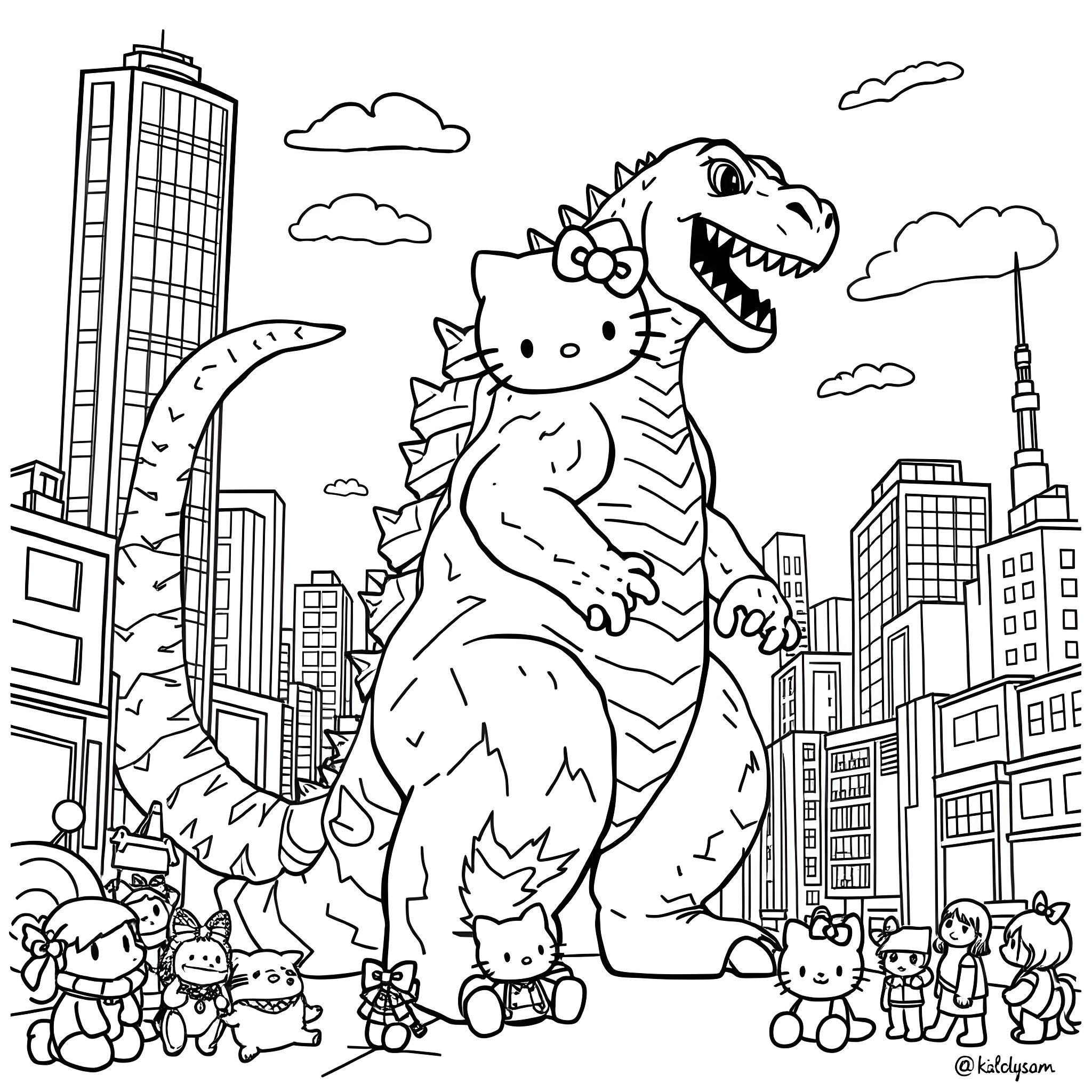 Godzilla vs. Hello Kitty and friends in the city Coloring Page (free black-and-white line drawing printable PDF for all, from beginners to advanced learners, including children, teens, adults, and seniors)