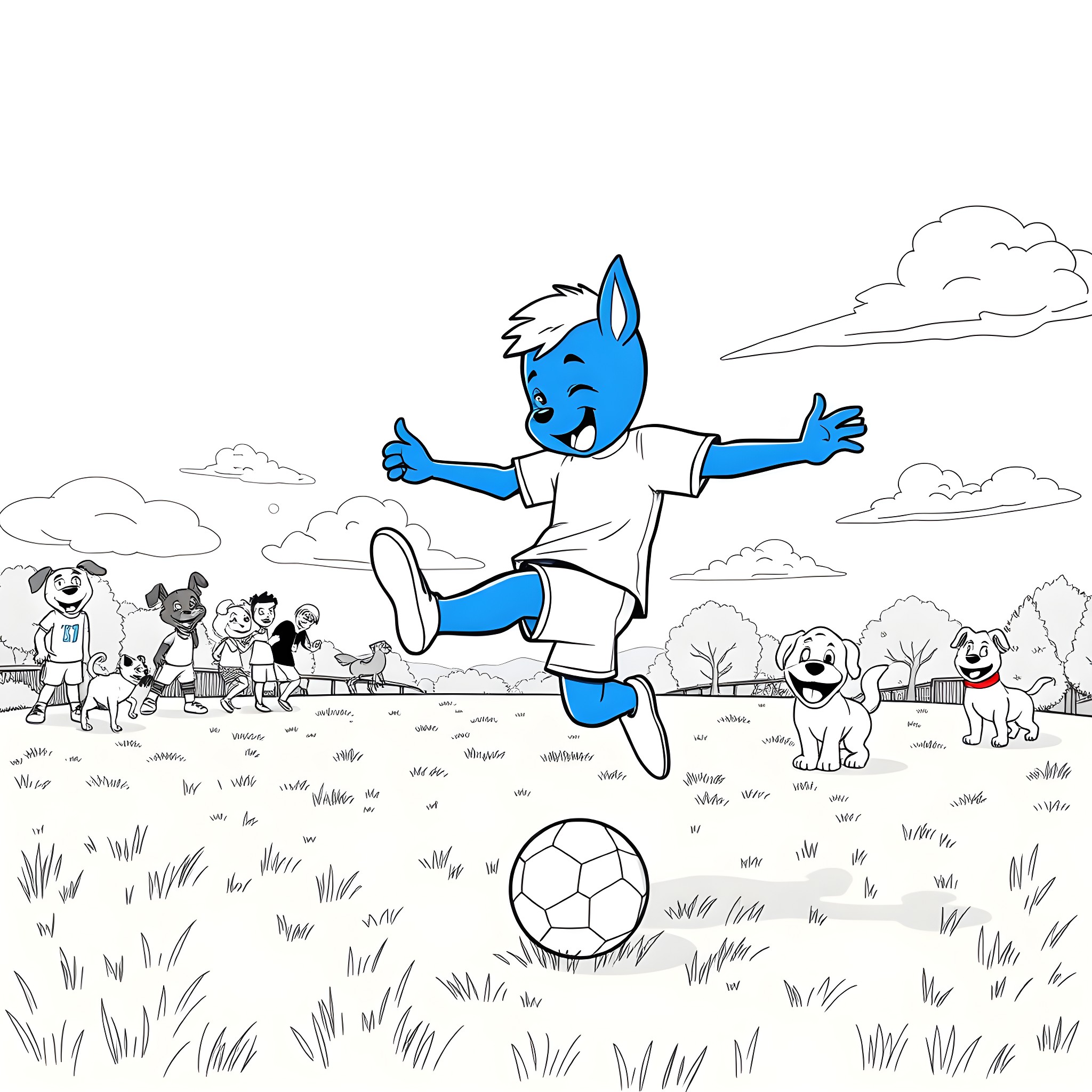 Bluey playing soccer with friends in the park Coloring Page (free black-and-white line drawing printable PDF for all, from beginners to advanced learners, including children, teens, adults, and seniors)