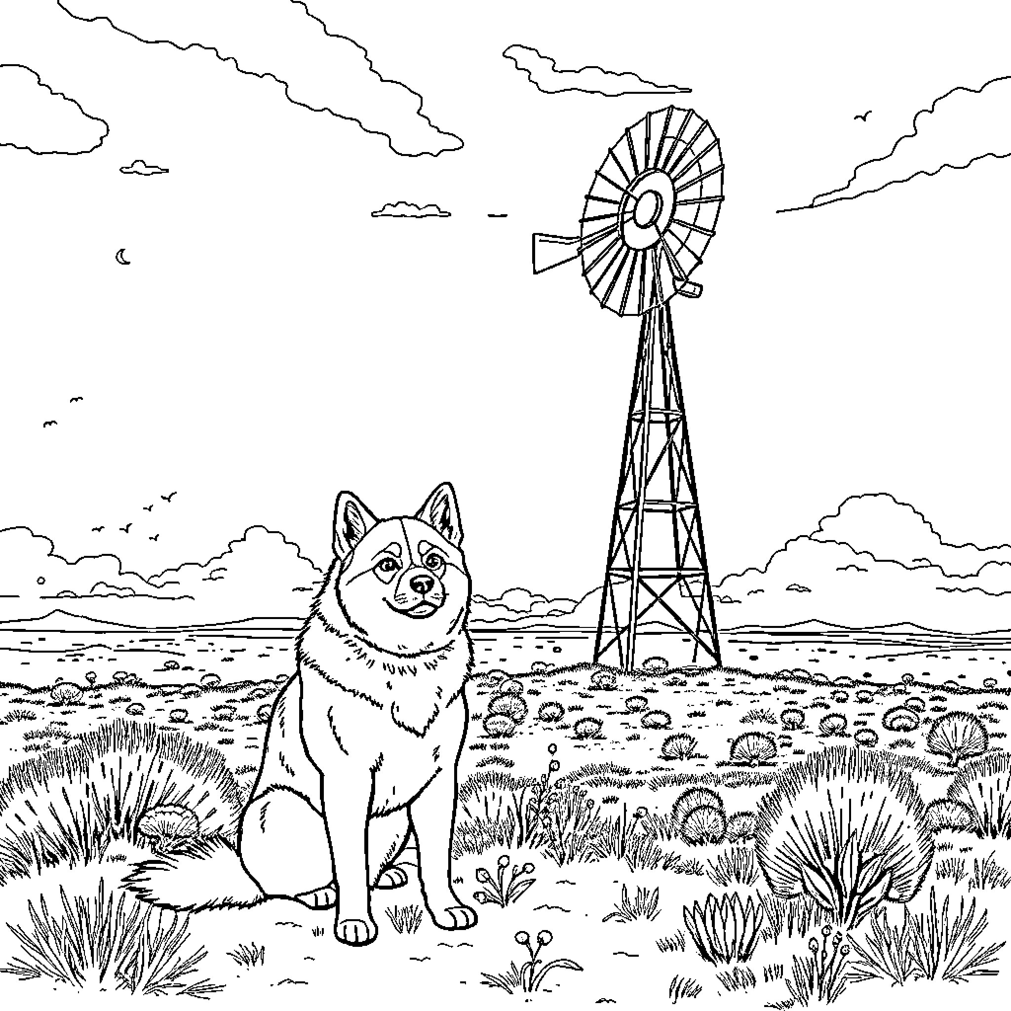 Akita enjoying the countryside landscape Coloring Page (free black-and-white line drawing printable PDF for all, from beginners to advanced learners, including children, teens, adults, and seniors)