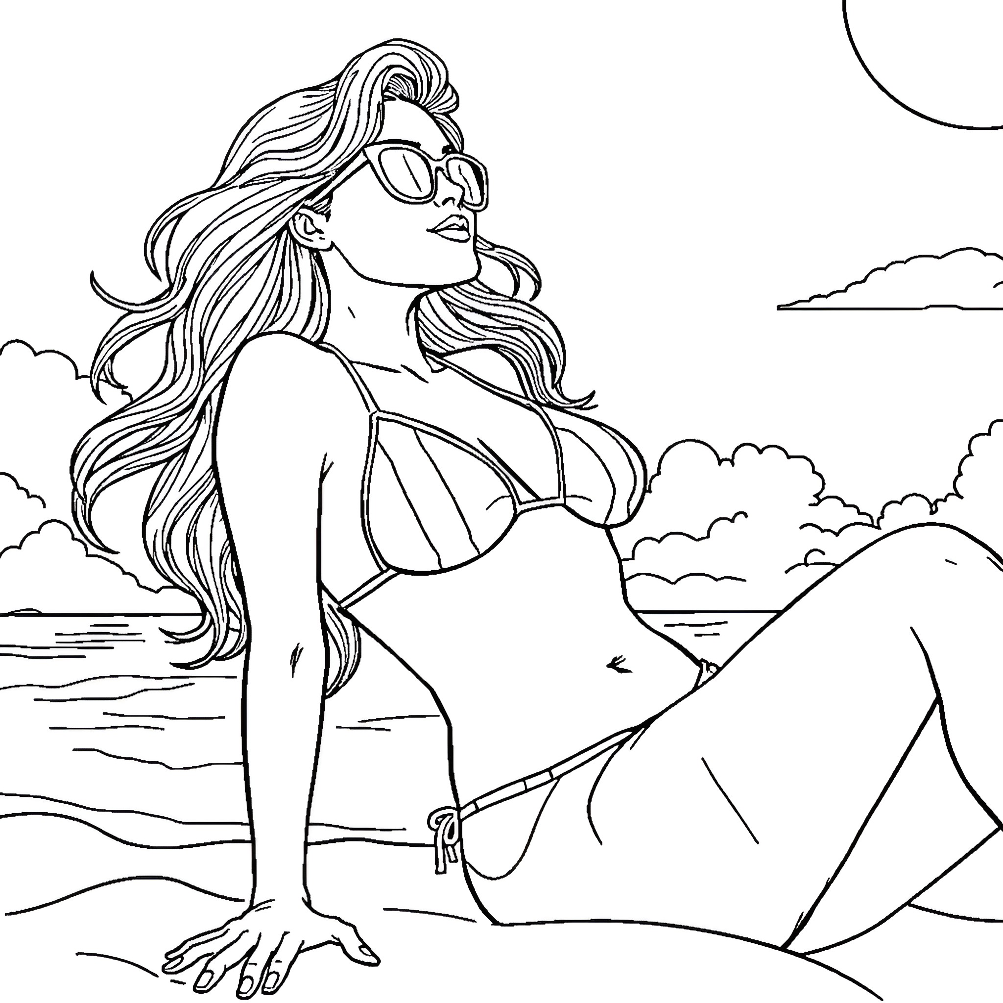 Emily Sinclair relaxing at the beach Coloring Page (free black-and-white line drawing printable PDF for all, from beginners to advanced learners, including children, teens, adults, and seniors)