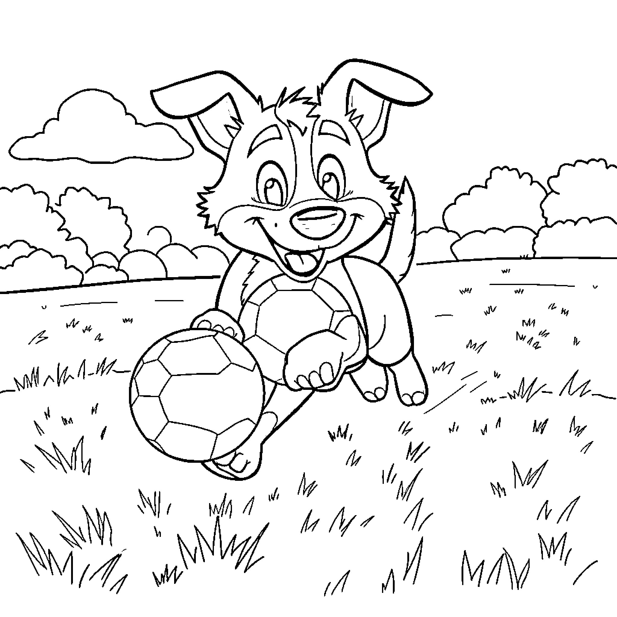Bluey happily playing with a soccer ball outdoors Coloring Page (free black-and-white line drawing printable PDF for all, from beginners to advanced learners, including children, teens, adults, and seniors)