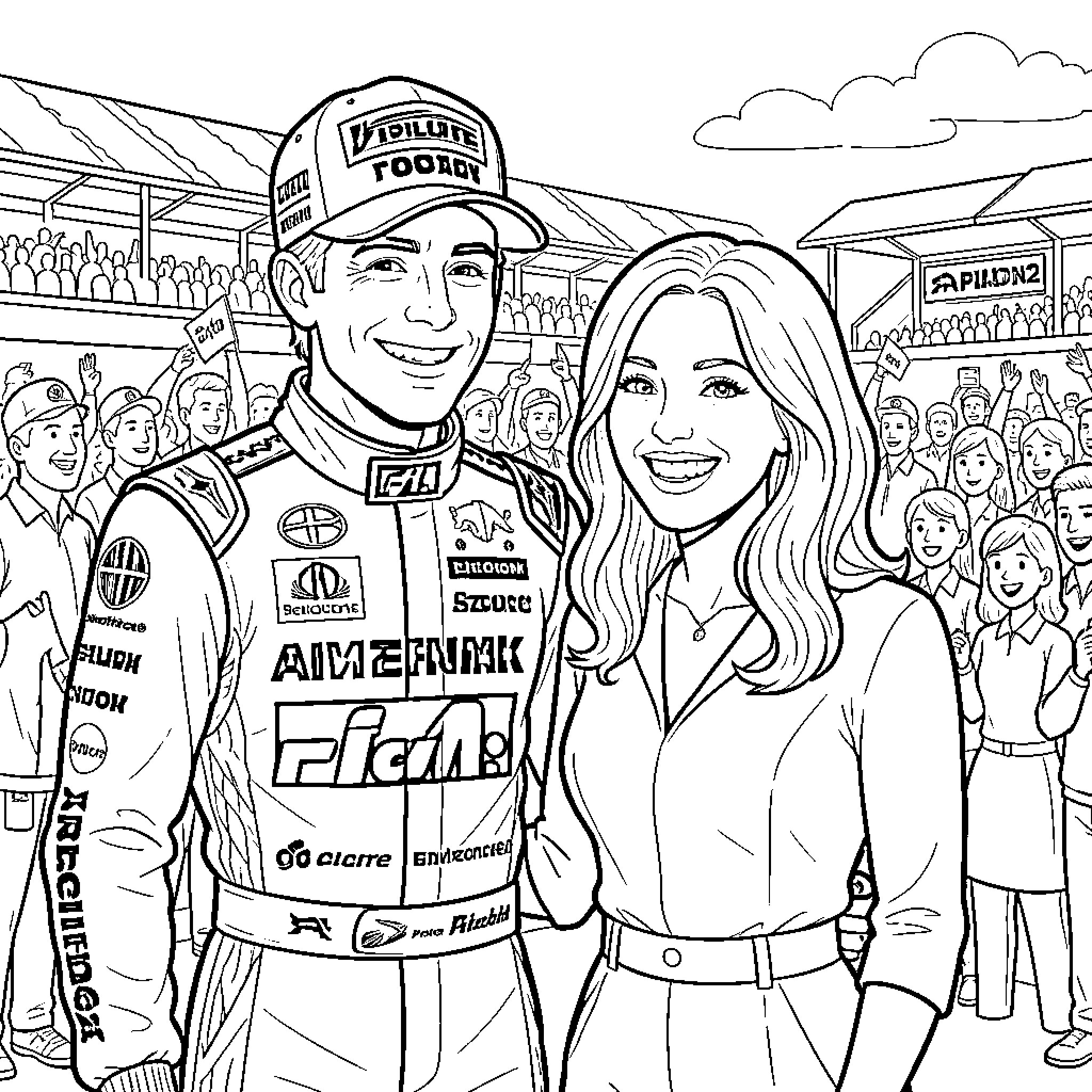 Pilote and a smiling woman posing together at the track Coloring Page (free black-and-white line drawing printable PDF for all, from beginners to advanced learners, including children, teens, adults, and seniors)