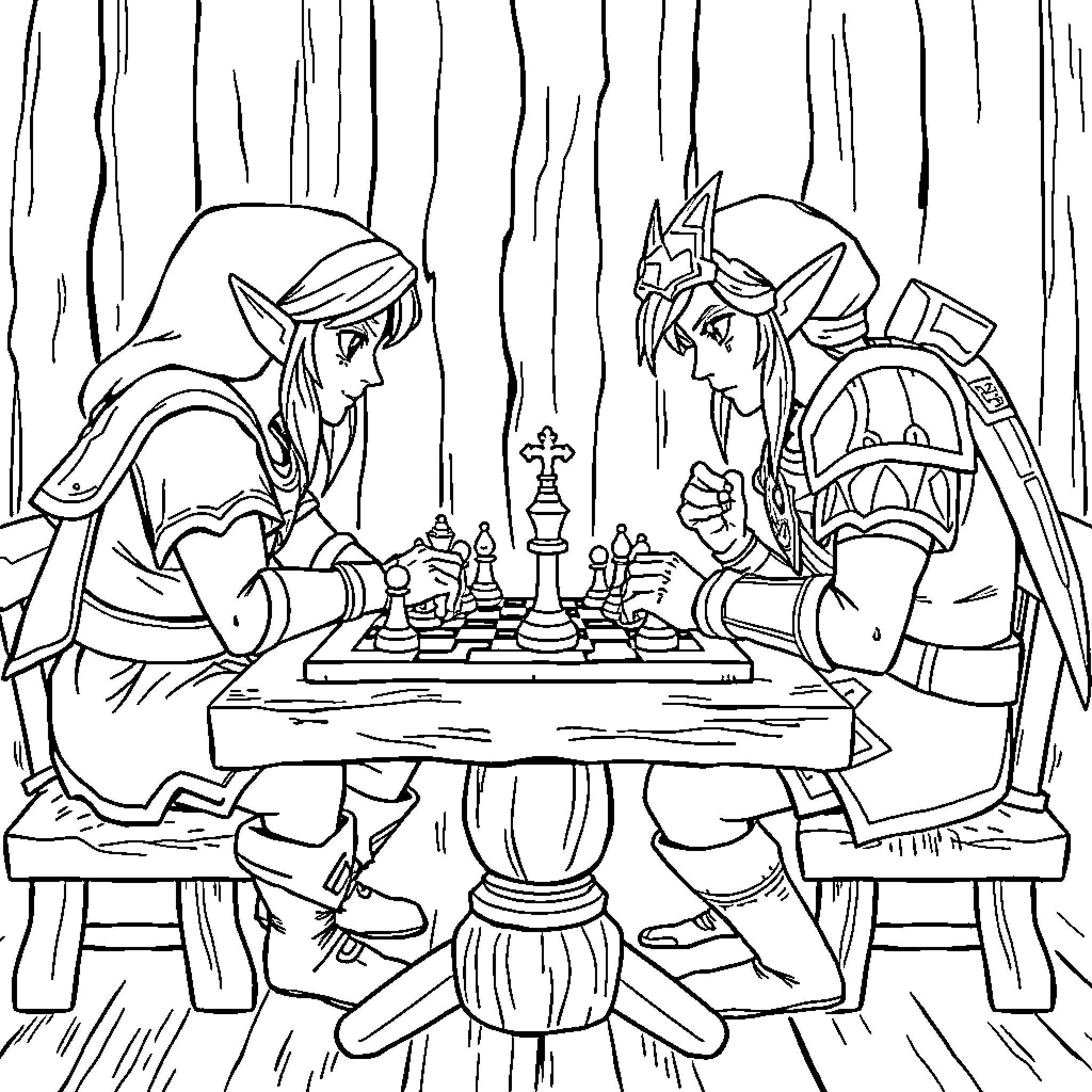 Link Playing Chess with a Companion Coloring Page (free black-and-white line drawing printable PDF for all, from beginners to advanced learners, including children, teens, adults, and seniors)