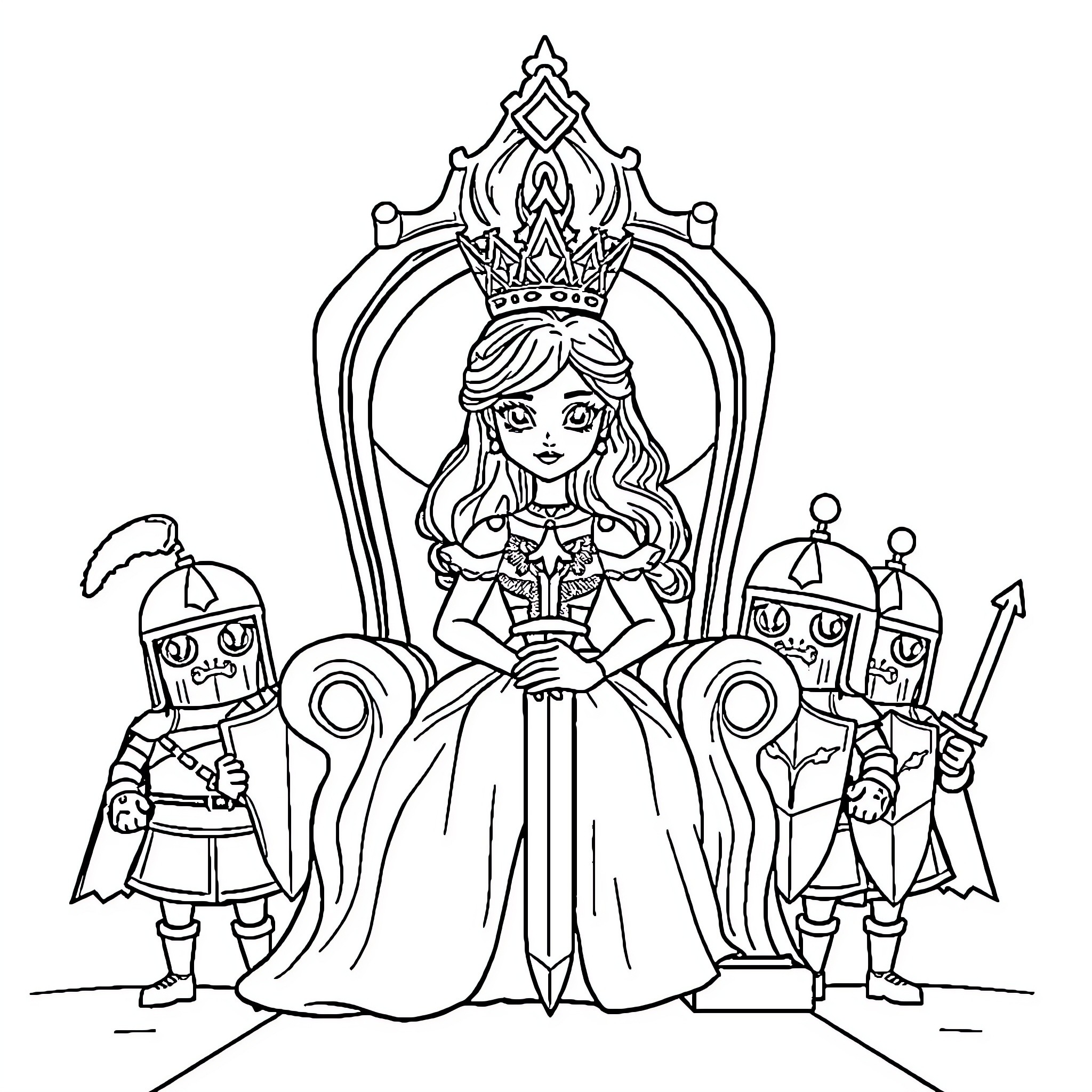 Princess sitting on throne with her royal guards Coloring Page (free black-and-white line drawing printable PDF for all, from beginners to advanced learners, including children, teens, adults, and seniors)