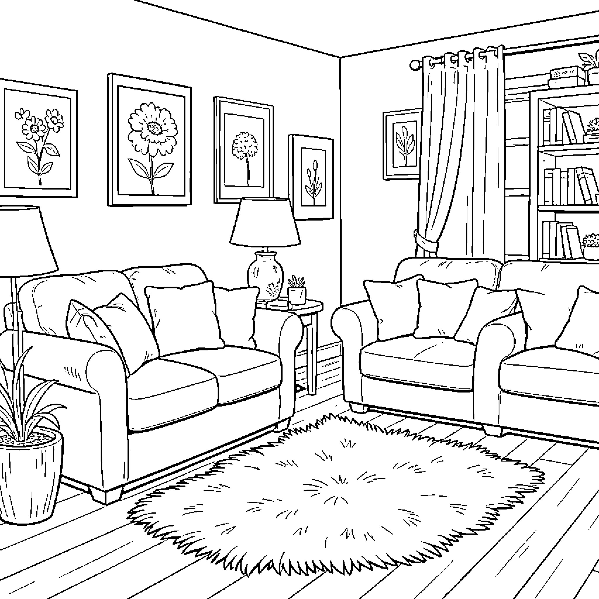 Living Room with Cozy Furniture and Floral Wall Art Coloring Page (free black-and-white line drawing printable PDF for all, from beginners to advanced learners, including children, teens, adults, and seniors)