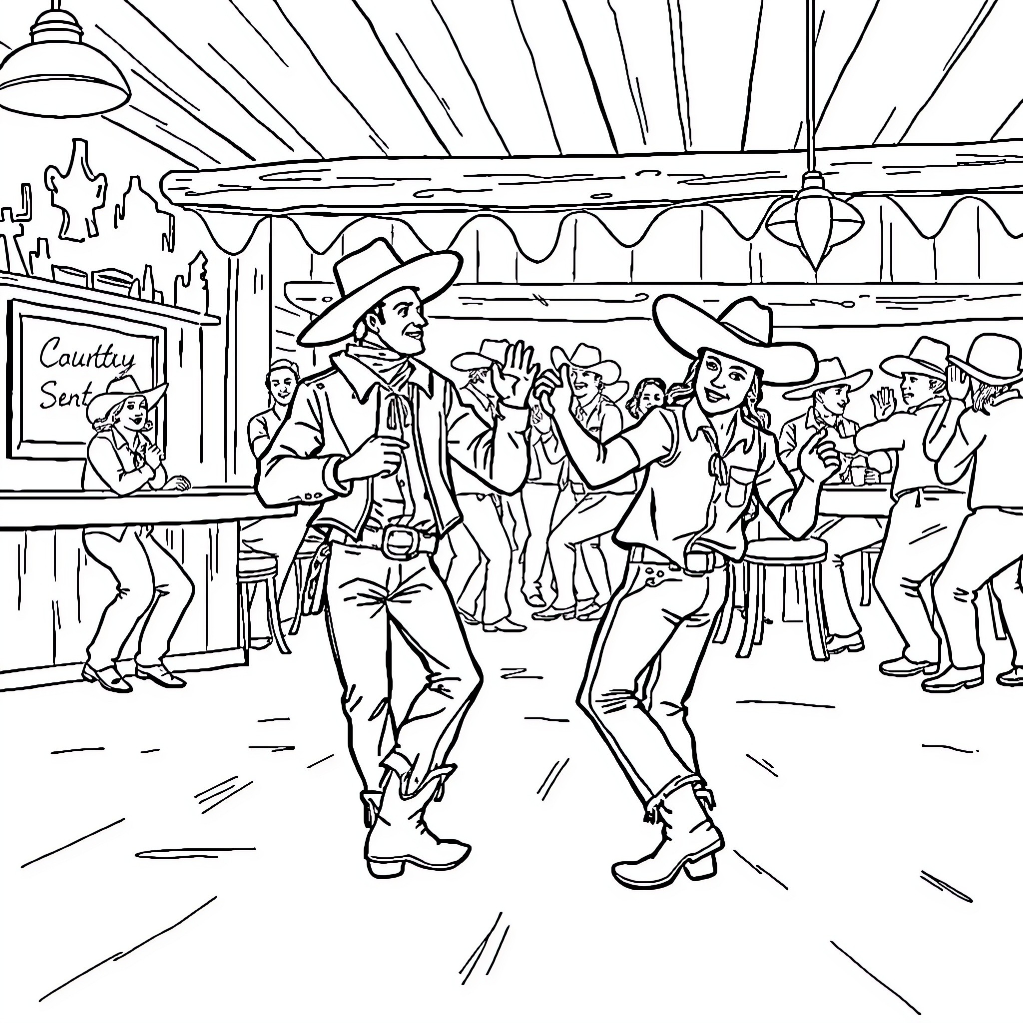 Cowboy dancers in a lively country saloon Coloring Page (free black-and-white line drawing printable PDF for all, from beginners to advanced learners, including children, teens, adults, and seniors)