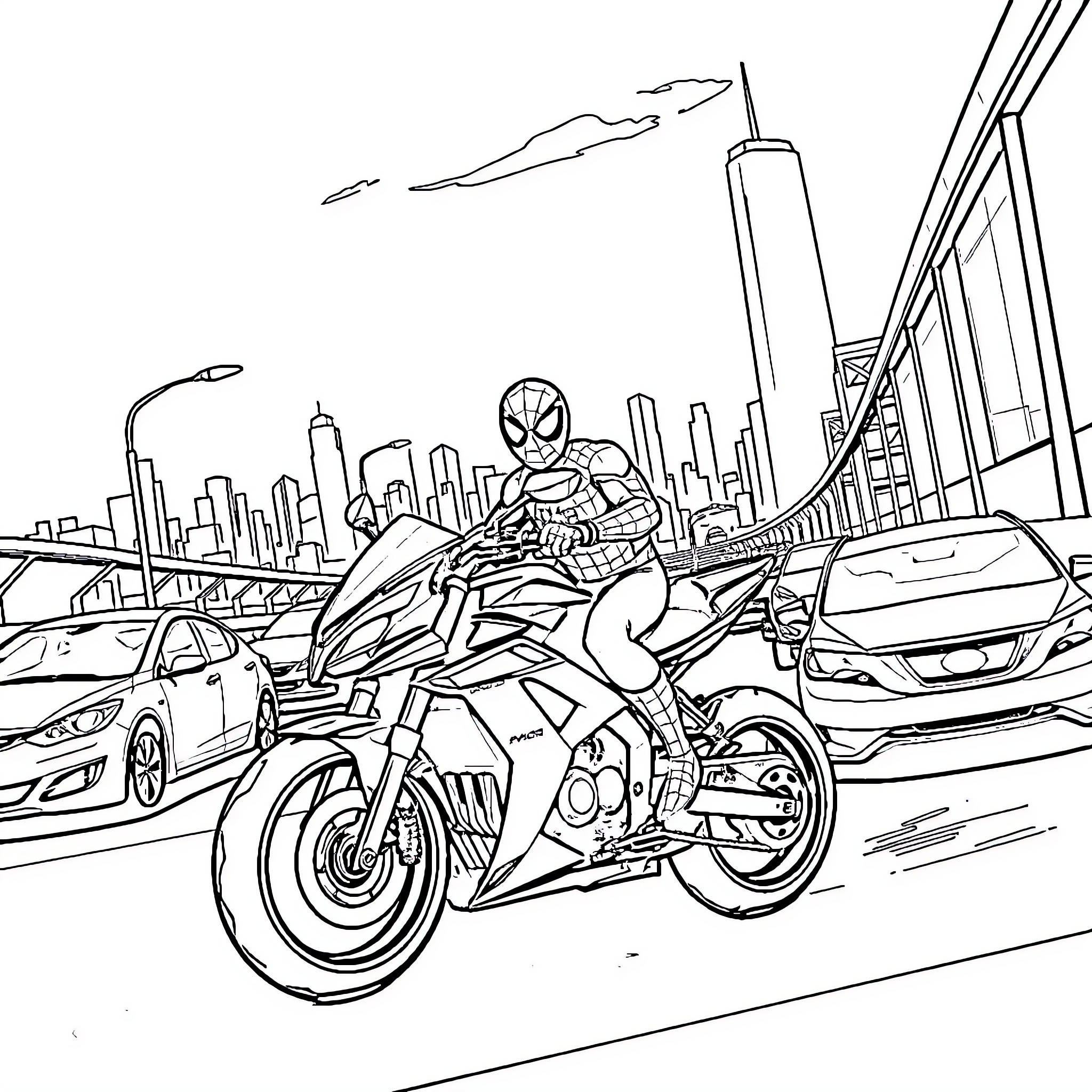 Spider-Man speeding through city on motorcycle Coloring Page (free black-and-white line drawing printable PDF for all, from beginners to advanced learners, including children, teens, adults, and seniors)