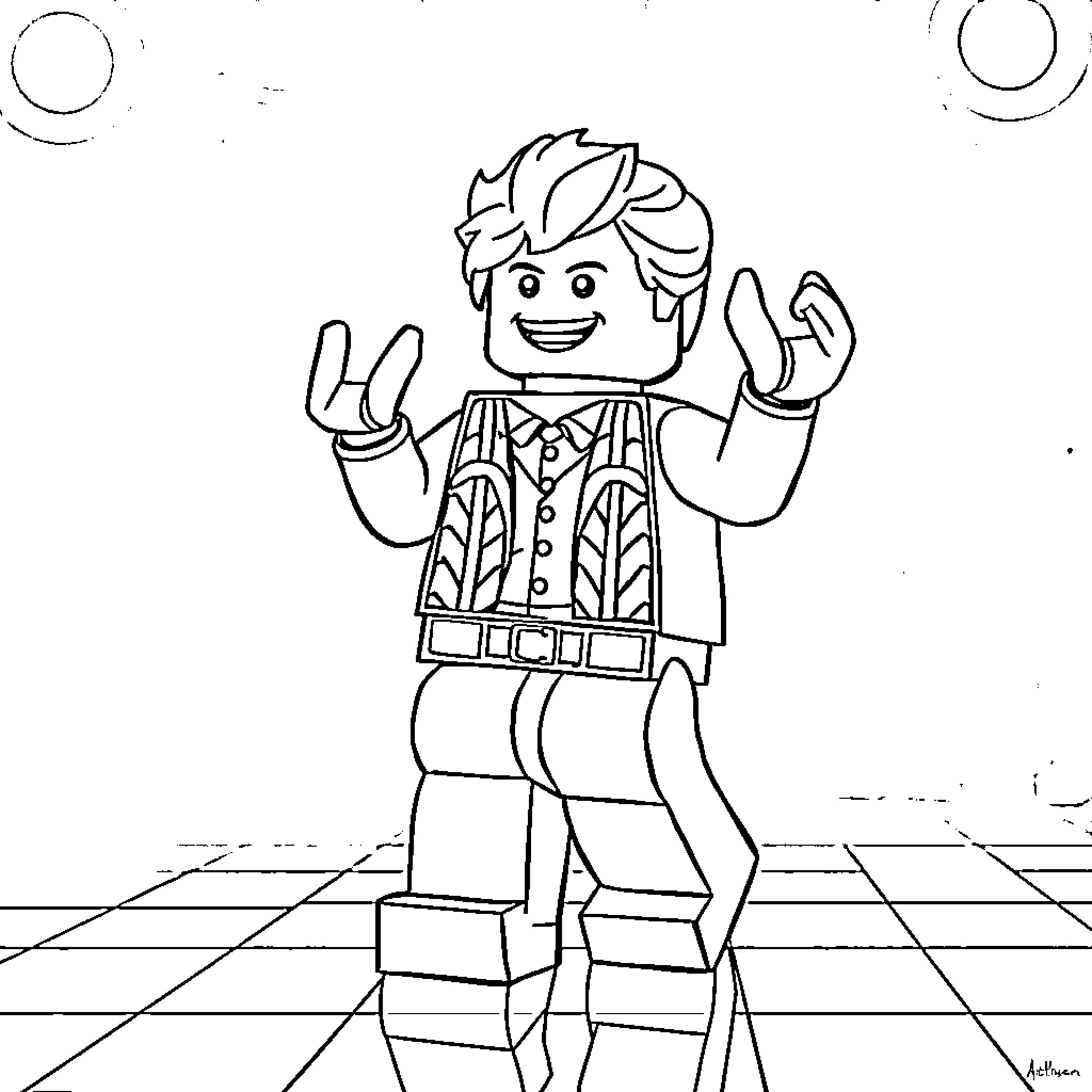 Lego Lloyd dancing joyfully on a chessboard-like floor Coloring Page (free black-and-white line drawing printable PDF for all, from beginners to advanced learners, including children, teens, adults, and seniors)