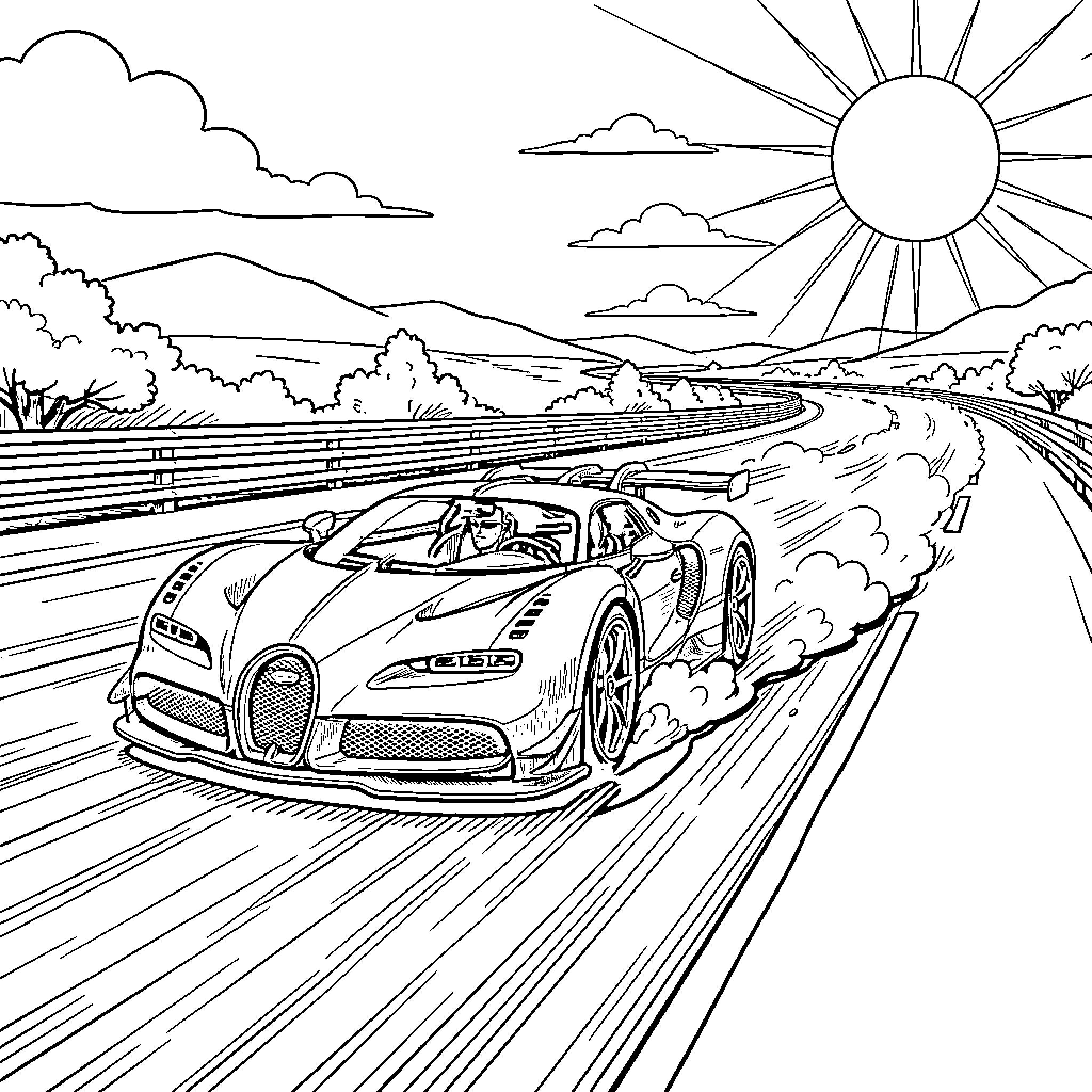 Bugatti supercar speeding through scenic countryside Coloring Page (free black-and-white line drawing printable PDF for all, from beginners to advanced learners, including children, teens, adults, and seniors)
