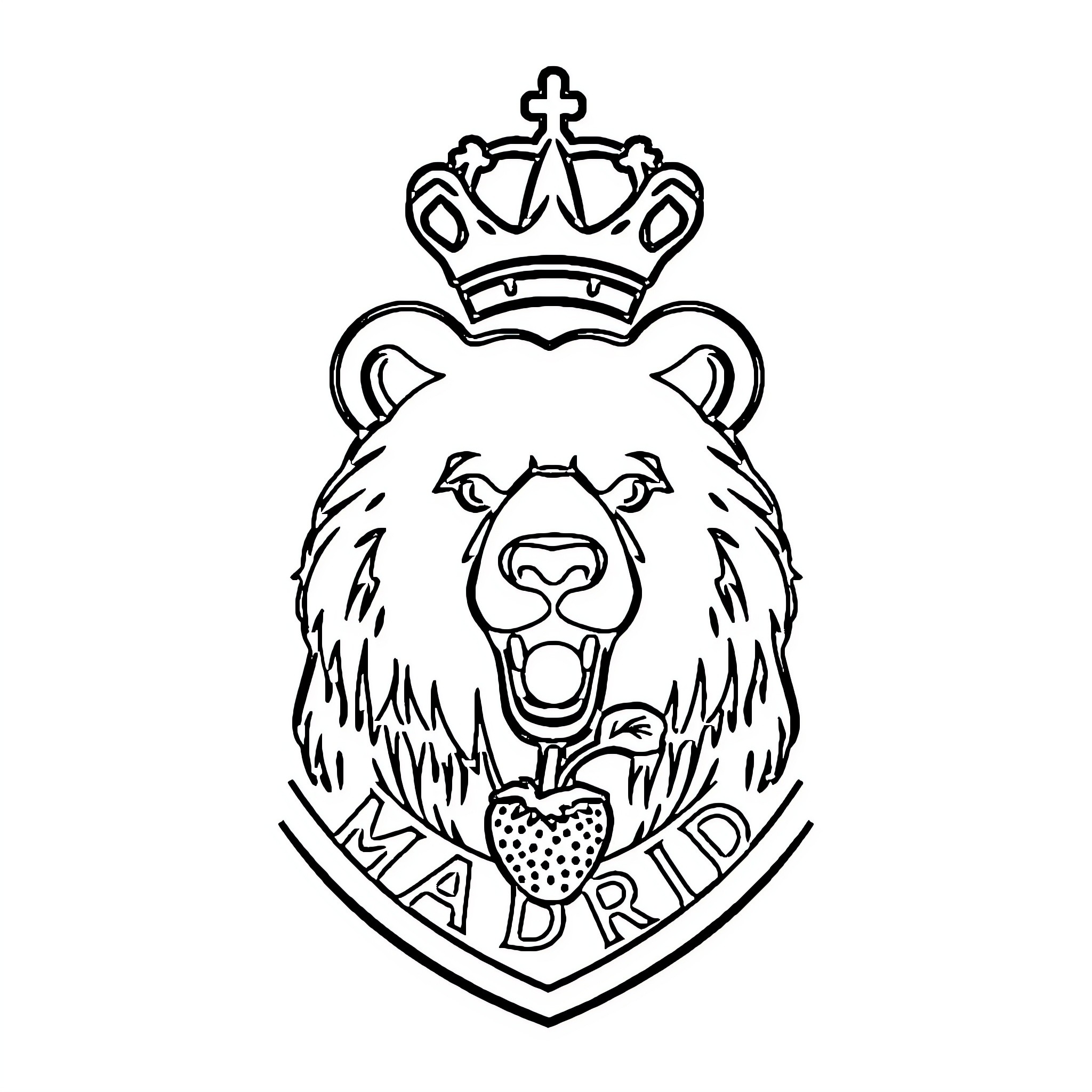 Madrid Logo Featuring Roaring Bear with Crown Coloring Page (free black-and-white line drawing printable PDF for all, from beginners to advanced learners, including children, teens, adults, and seniors)