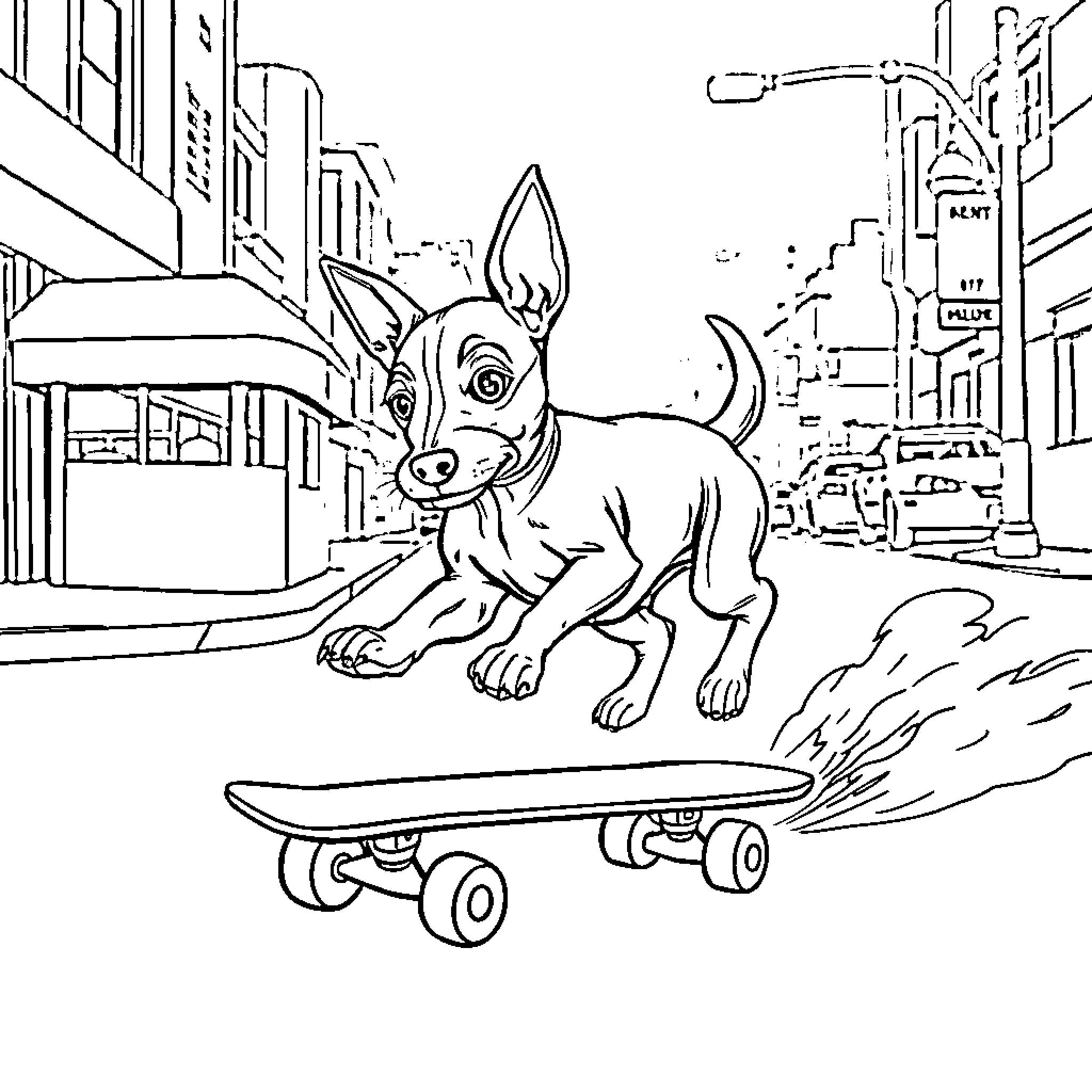 Pinscher riding skateboard through city streets Coloring Page (free black-and-white line drawing printable PDF for all, from beginners to advanced learners, including children, teens, adults, and seniors)