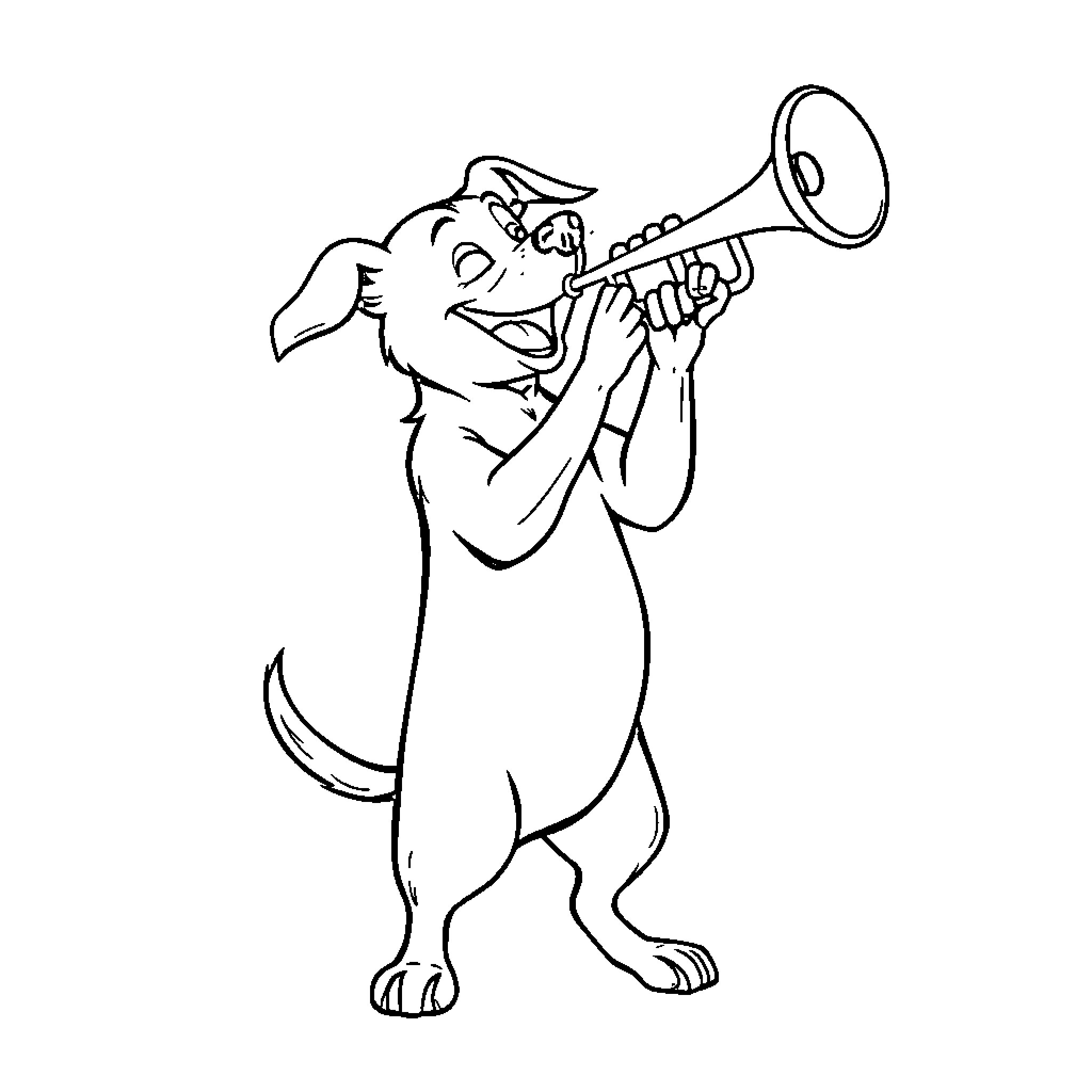 Dog playing a musical instrument Coloring Page (free black-and-white line drawing printable PDF for all, from beginners to advanced learners, including children, teens, adults, and seniors)