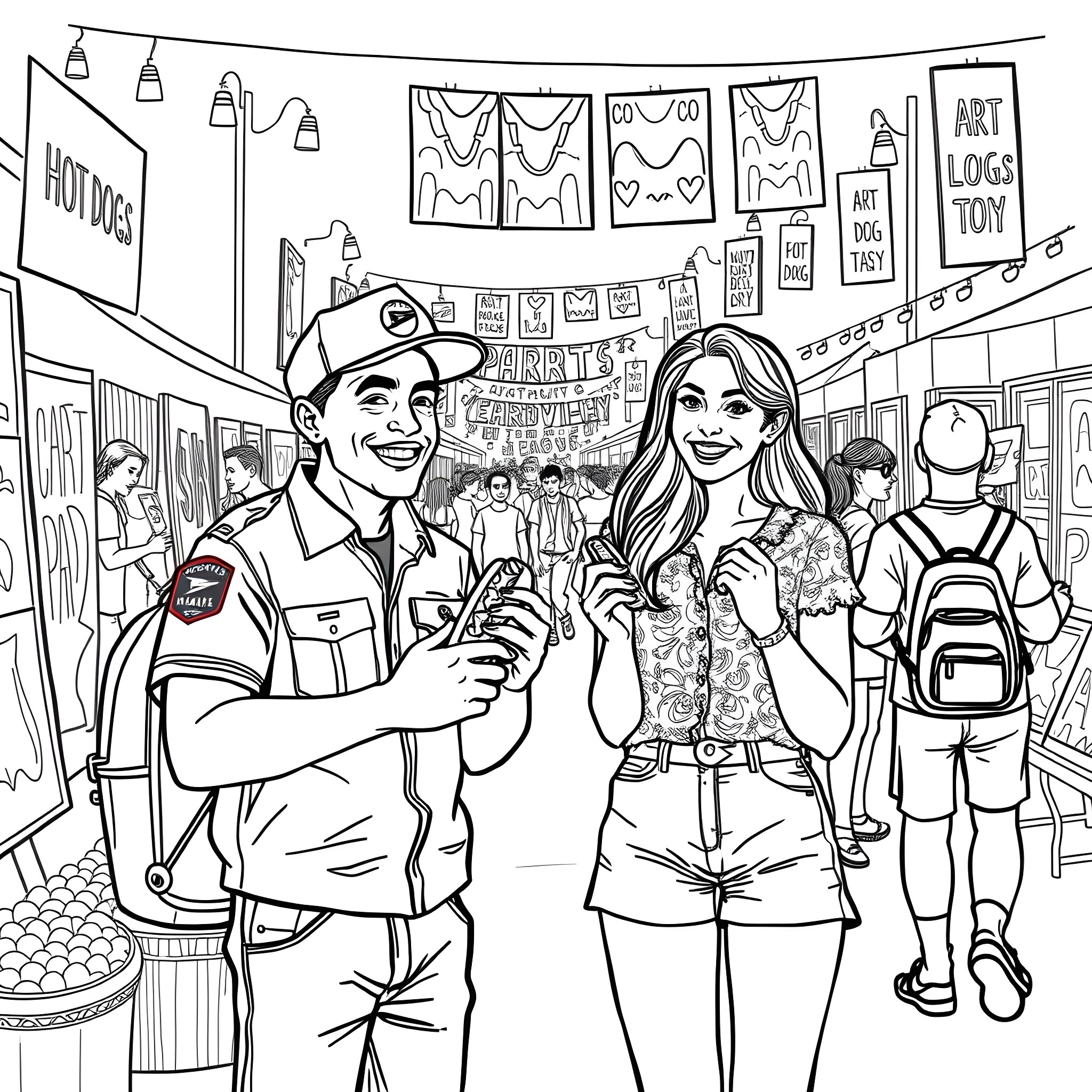 Couple exploring a vibrant street market Coloring Page (free black-and-white line drawing printable PDF for all, from beginners to advanced learners, including children, teens, adults, and seniors)
