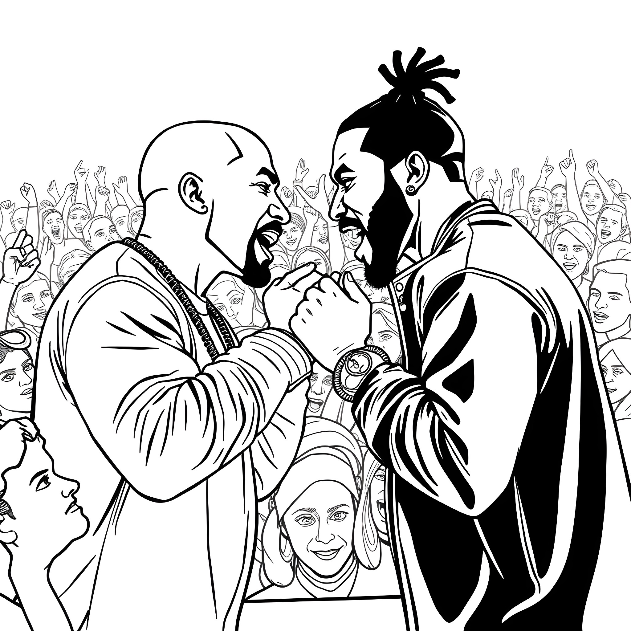 Drake confronts foe in dramatic standoff with audience Coloring Page (free black-and-white line drawing printable PDF for all, from beginners to advanced learners, including children, teens, adults, and seniors)
