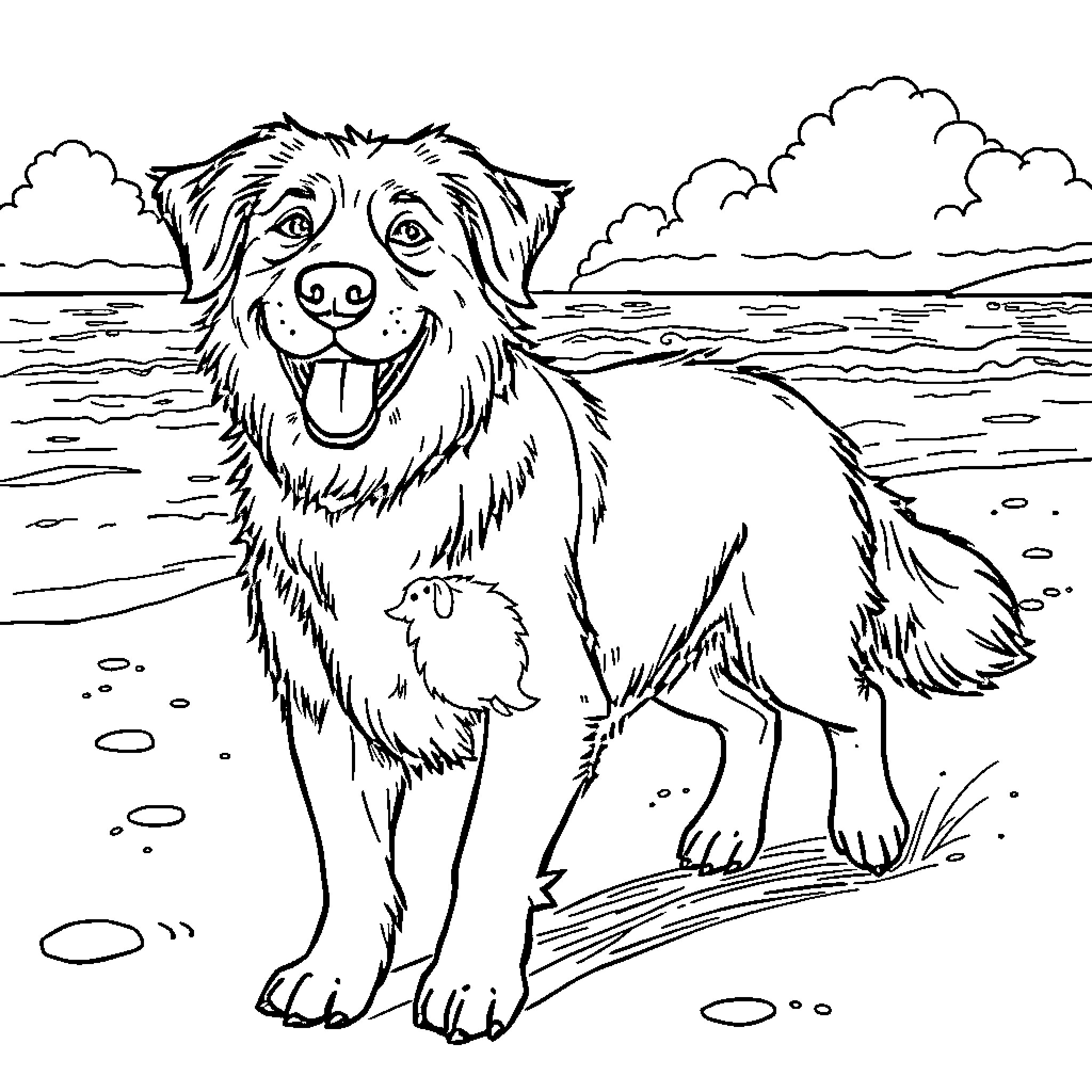Hund playing happily on the beach Coloring Page (free black-and-white line drawing printable PDF for all, from beginners to advanced learners, including children, teens, adults, and seniors)