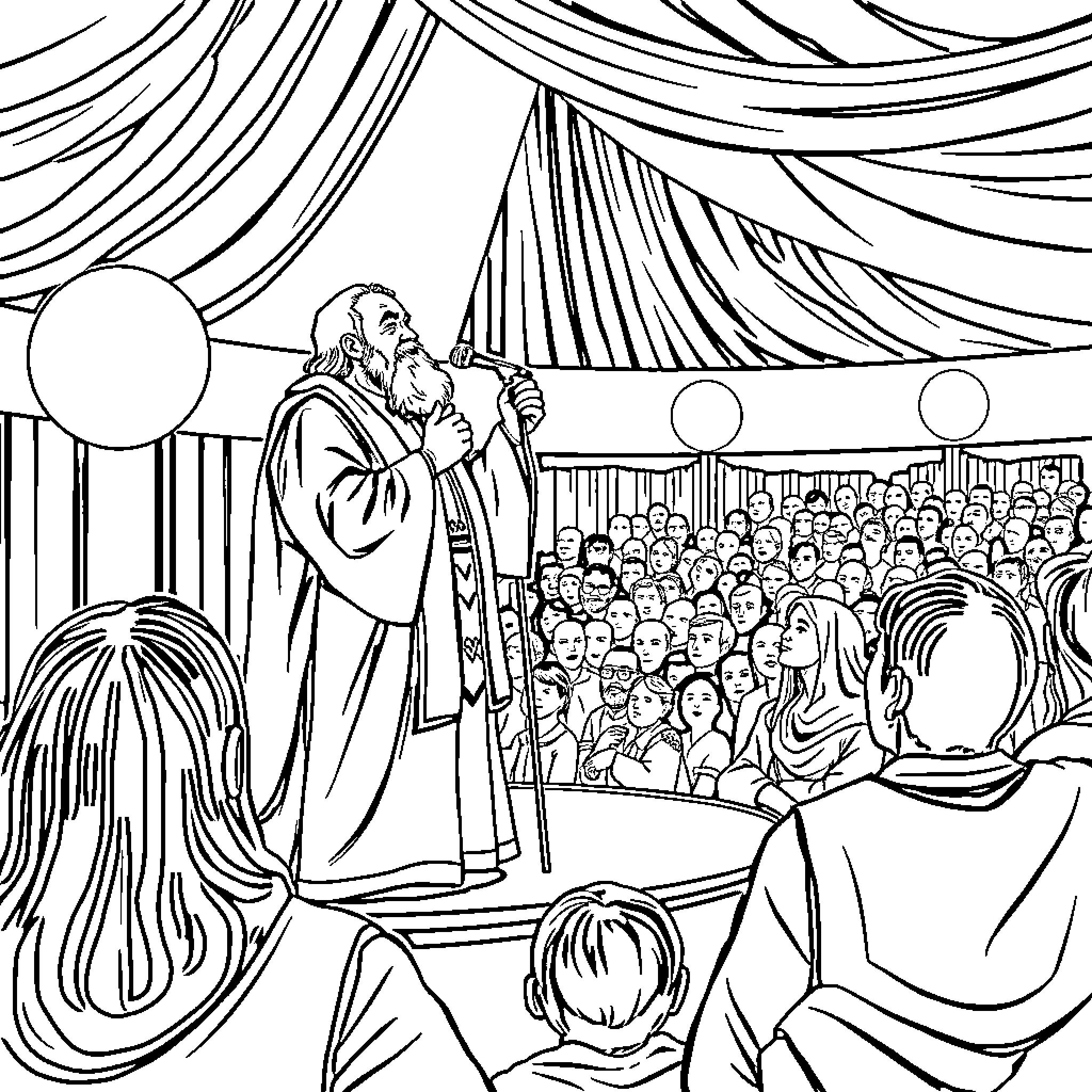 Rumi addressing a large audience on stage Coloring Page (free black-and-white line drawing printable PDF for all, from beginners to advanced learners, including children, teens, adults, and seniors)
