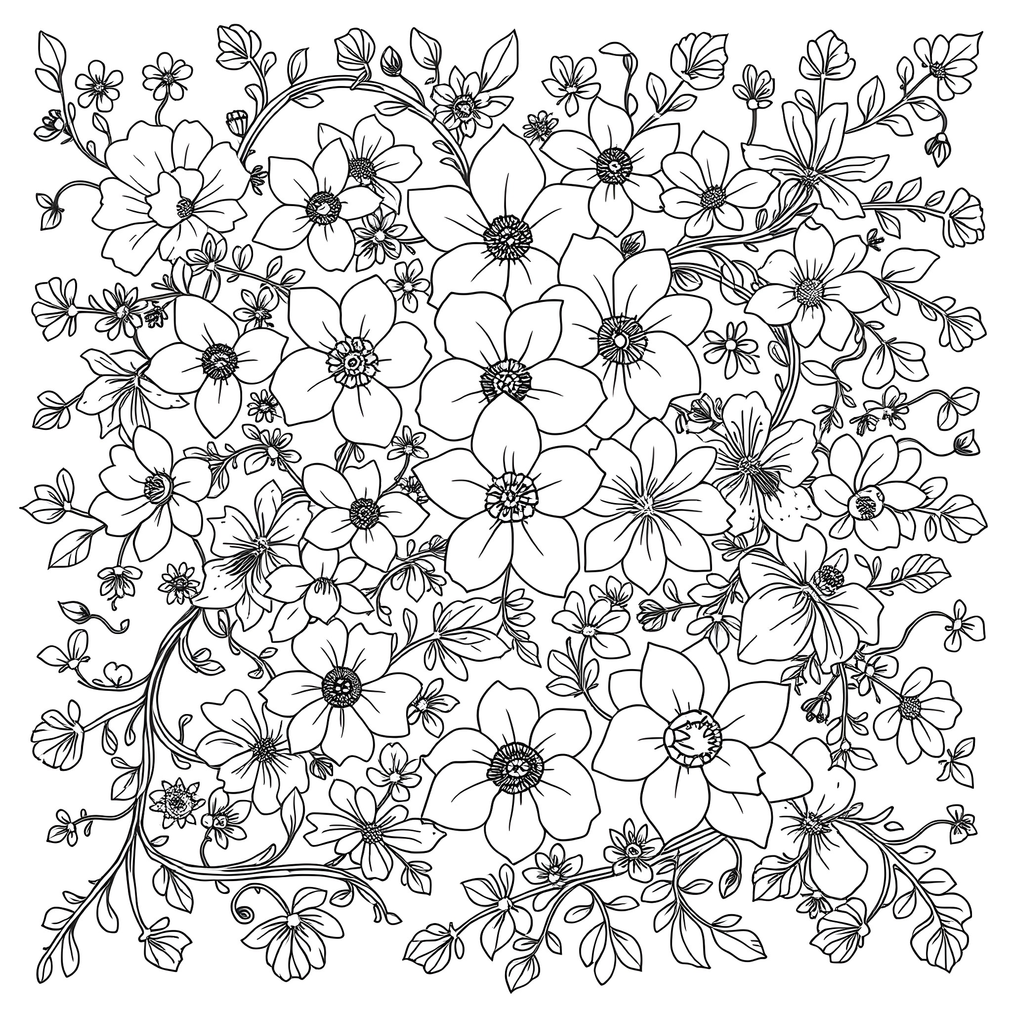 Flower field of delicate blooms Coloring Page (free black-and-white line drawing printable PDF for all, from beginners to advanced learners, including children, teens, adults, and seniors)