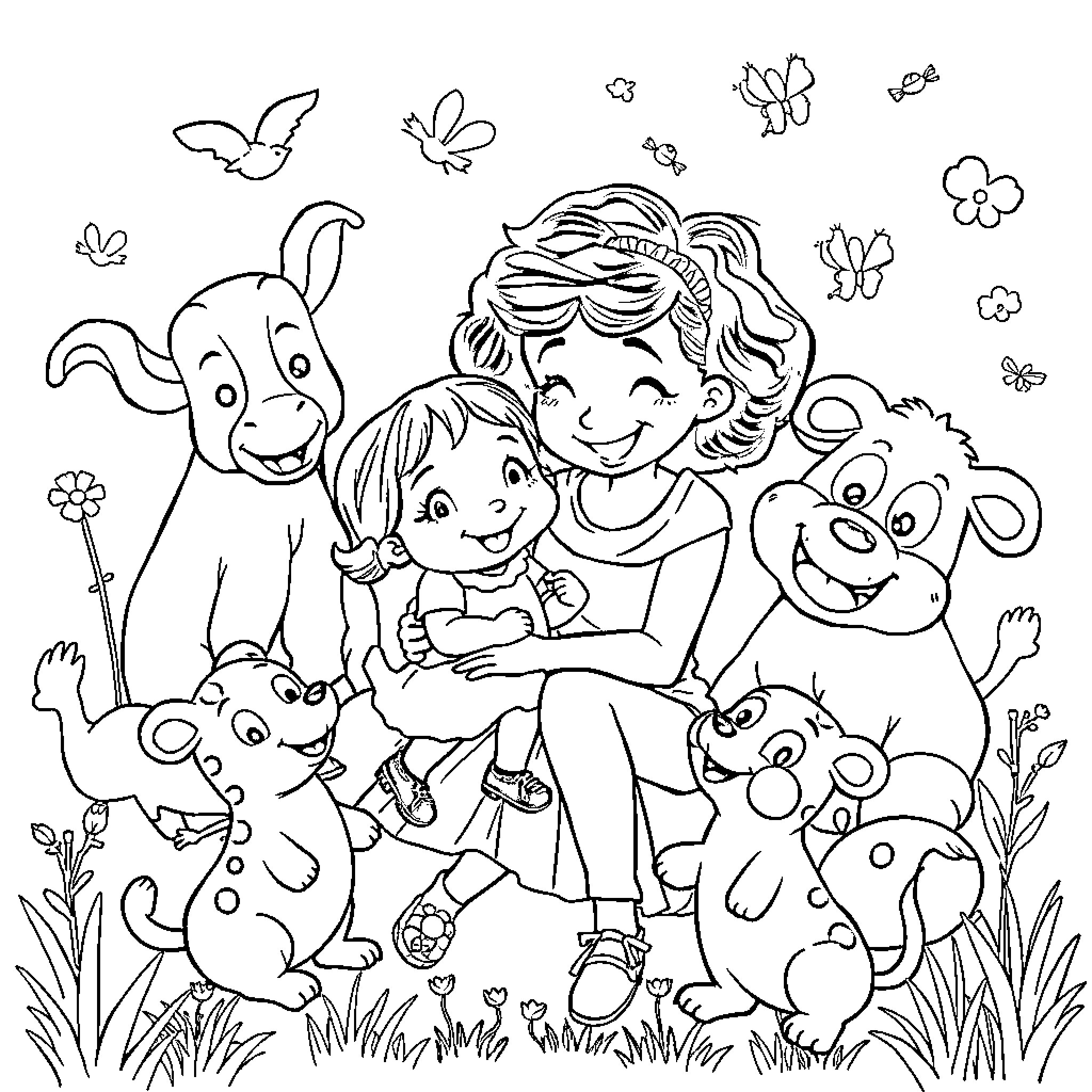 Luli's playful adventure with cheerful animal friends Coloring Page (free black-and-white line drawing printable PDF for all, from beginners to advanced learners, including children, teens, adults, and seniors)