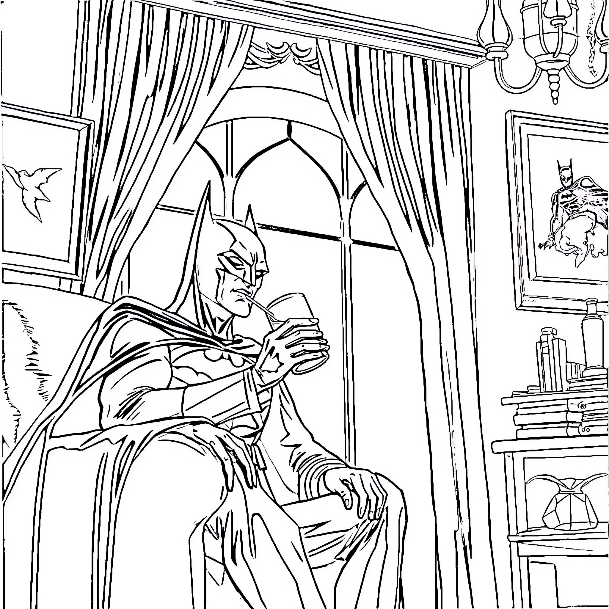 Batman sitting in a lavish room Coloring Page (free black-and-white line drawing printable PDF for all, from beginners to advanced learners, including children, teens, adults, and seniors)