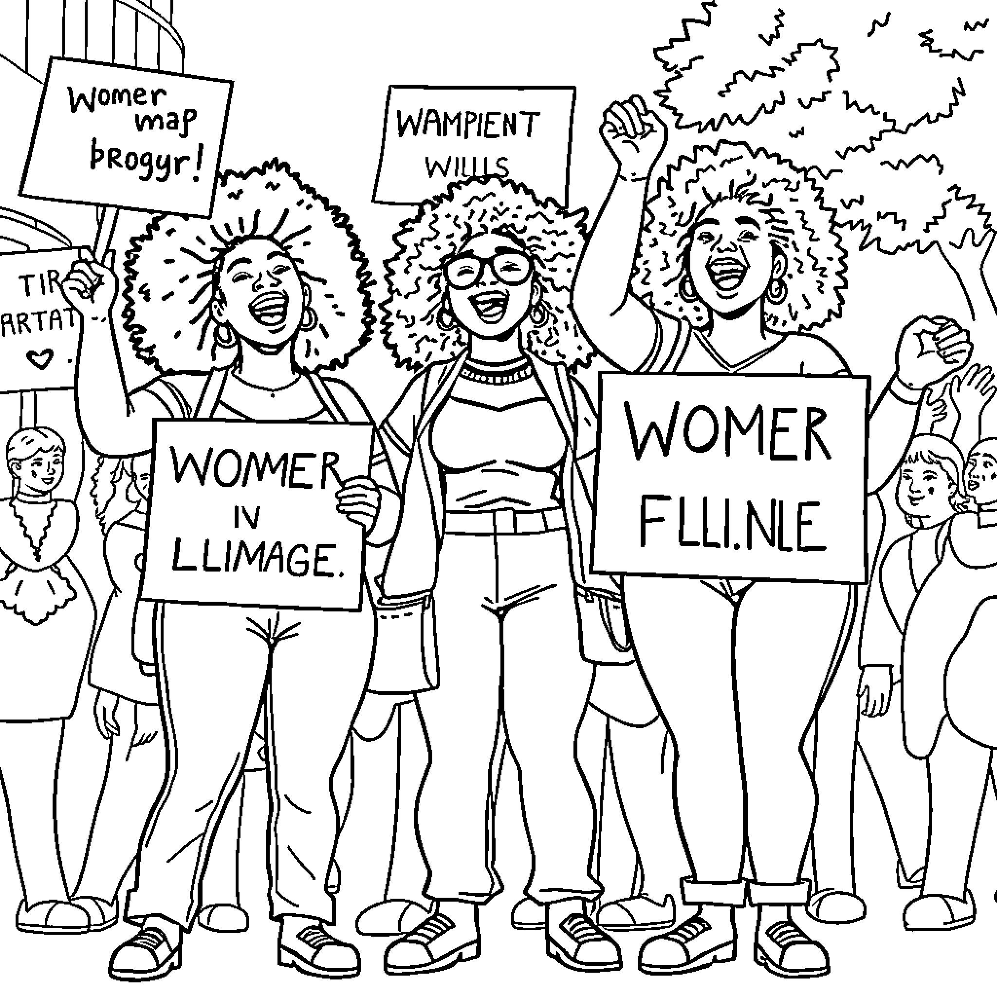 Women protesting and advocating for their rights Coloring Page (free black-and-white line drawing printable PDF for all, from beginners to advanced learners, including children, teens, adults, and seniors)