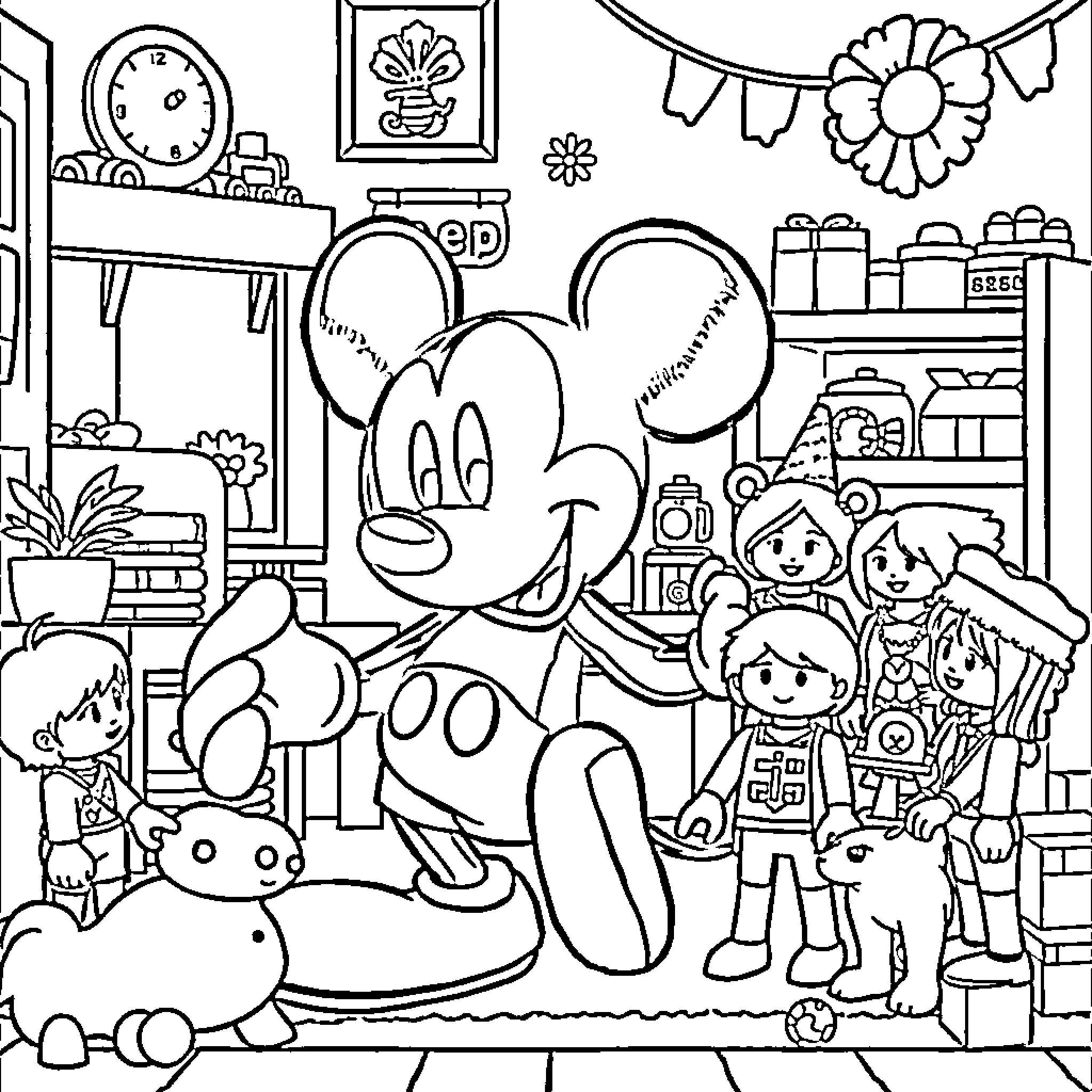 Mickey Mouse with Children in Playroom Coloring Page (free black-and-white line drawing printable PDF for all, from beginners to advanced learners, including children, teens, adults, and seniors)