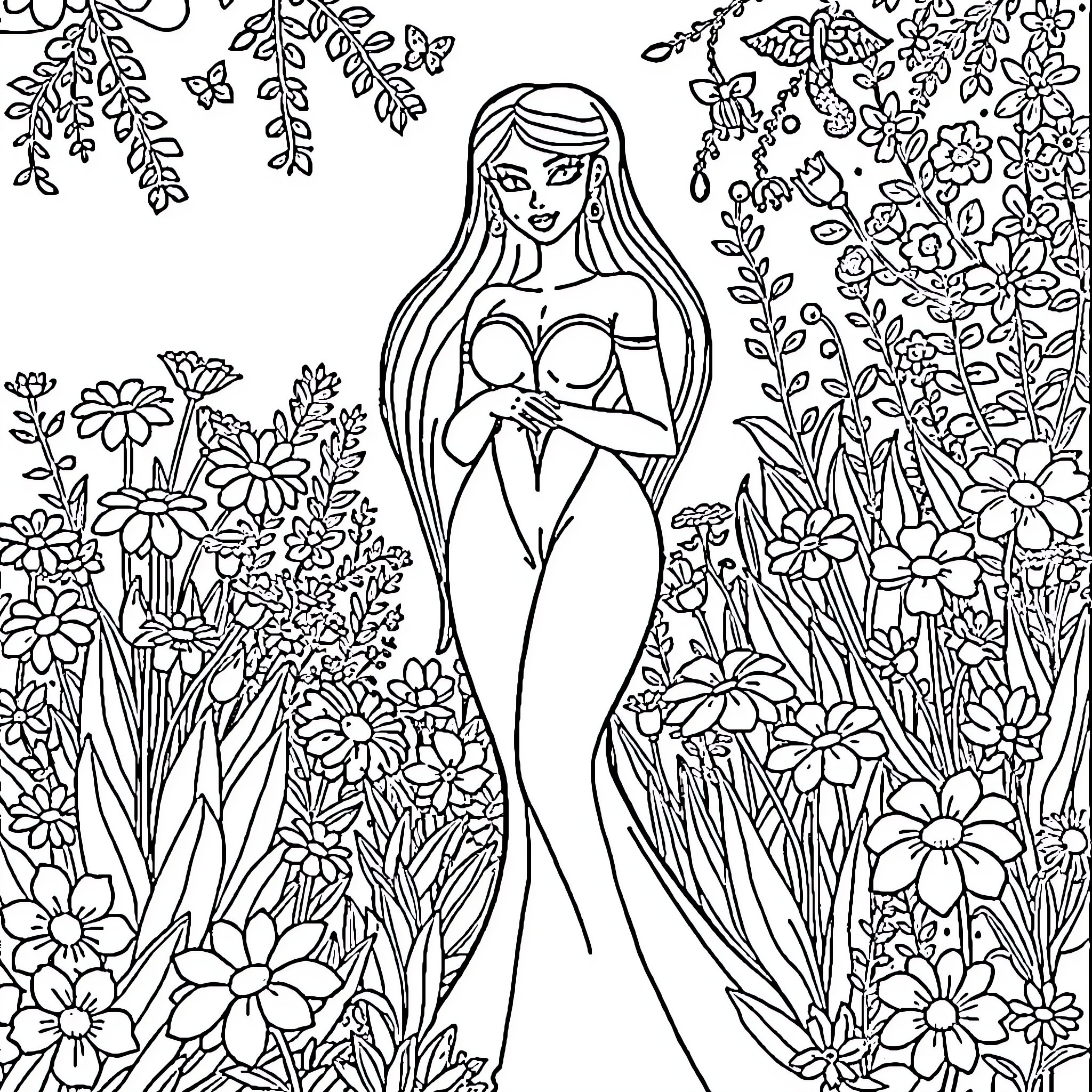 Elvira's Enchanting Floral Wonderland Coloring Page (free black-and-white line drawing printable PDF for all, from beginners to advanced learners, including children, teens, adults, and seniors)