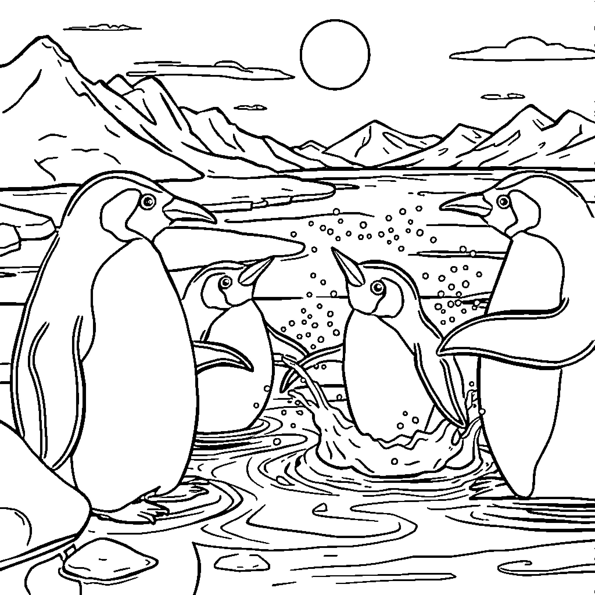 Penguin Gathering in a Snowy Landscape Coloring Page (free black-and-white line drawing printable PDF for all, from beginners to advanced learners, including children, teens, adults, and seniors)