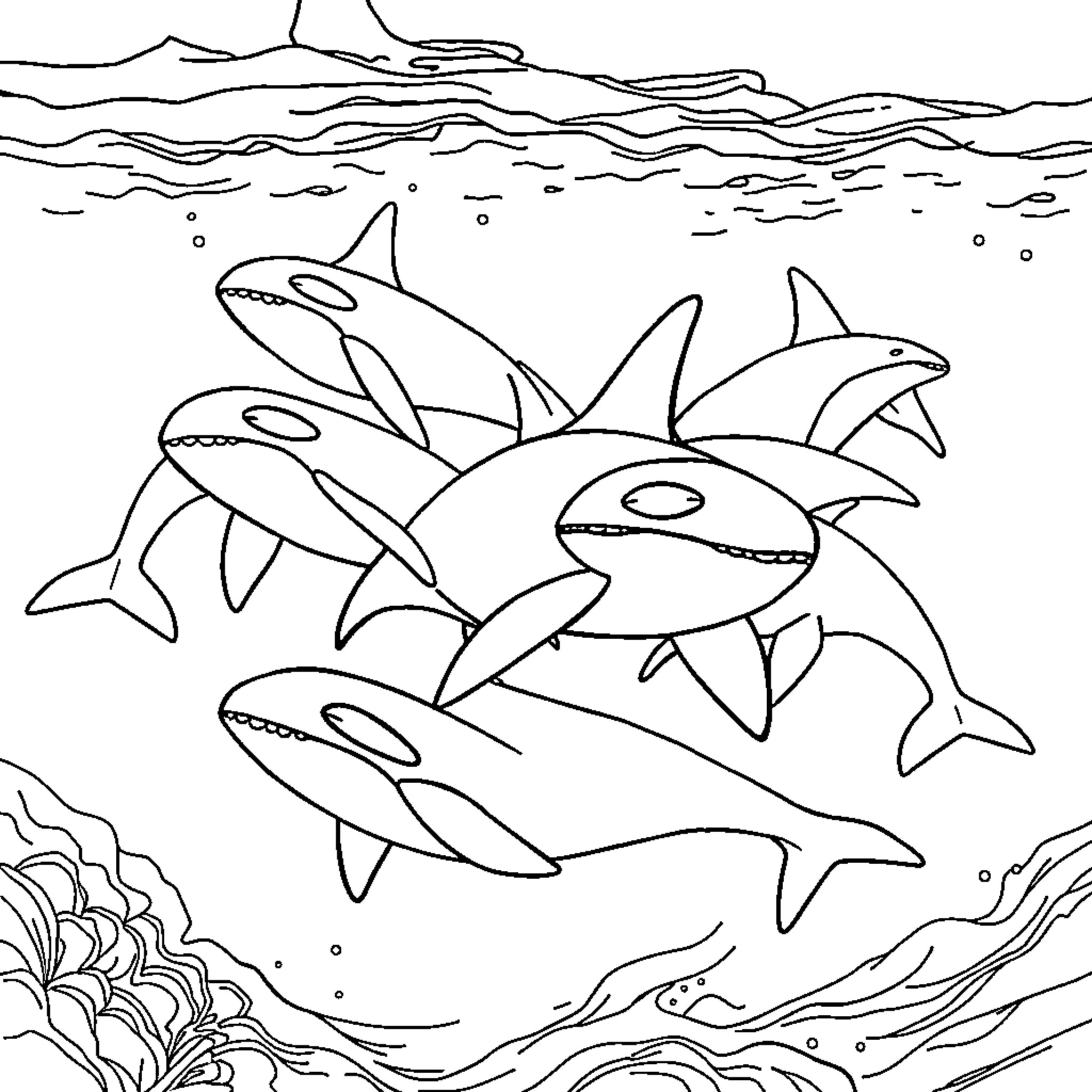 Orca family swimming in the ocean Coloring Page (free black-and-white line drawing printable PDF for all, from beginners to advanced learners, including children, teens, adults, and seniors)