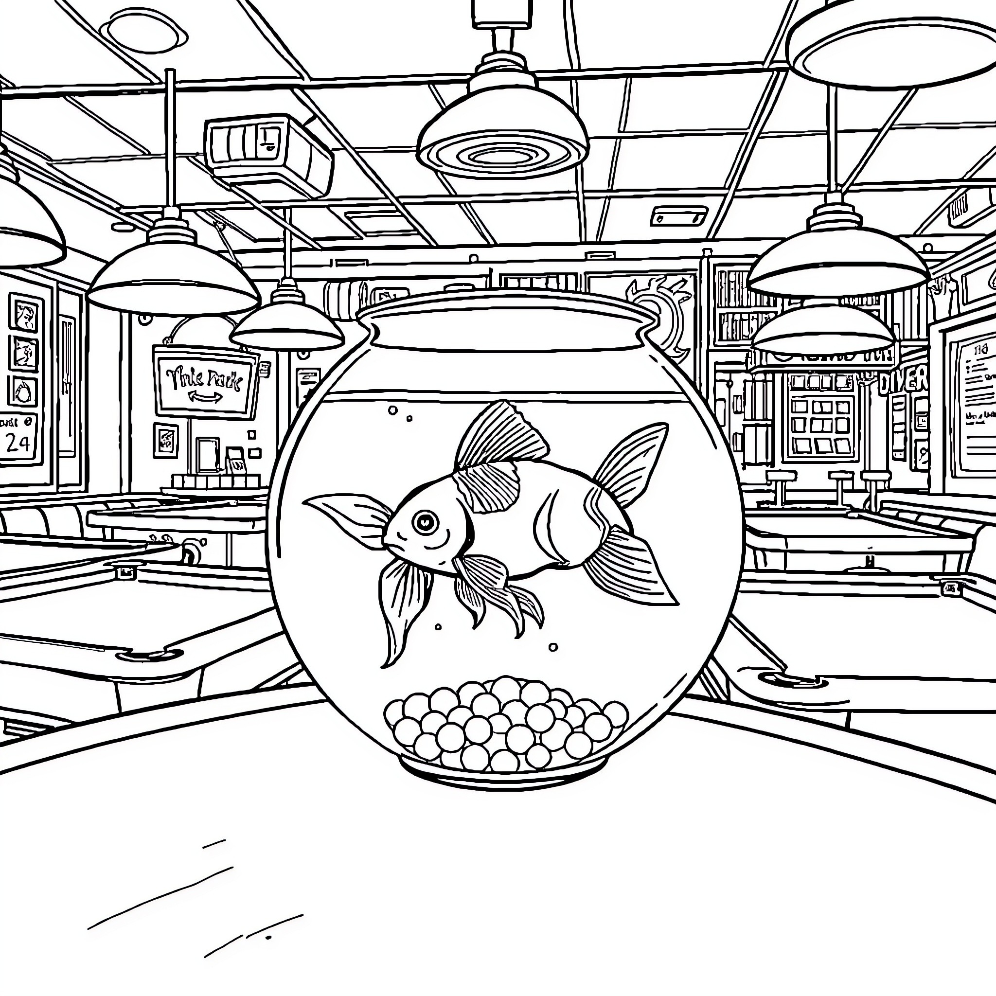 Goldfish swimming in an aquarium inside a café Coloring Page (free black-and-white line drawing printable PDF for all, from beginners to advanced learners, including children, teens, adults, and seniors)