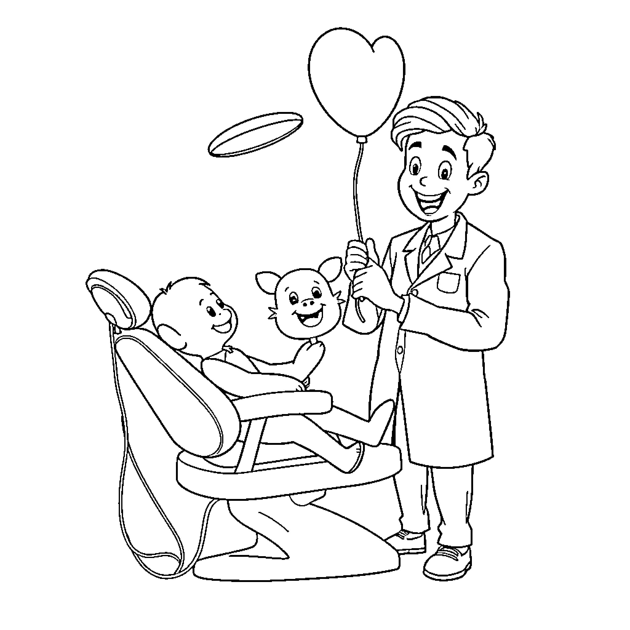 Dentist examining a child's teeth with a smiling patient Coloring Page (free black-and-white line drawing printable PDF for all, from beginners to advanced learners, including children, teens, adults, and seniors)