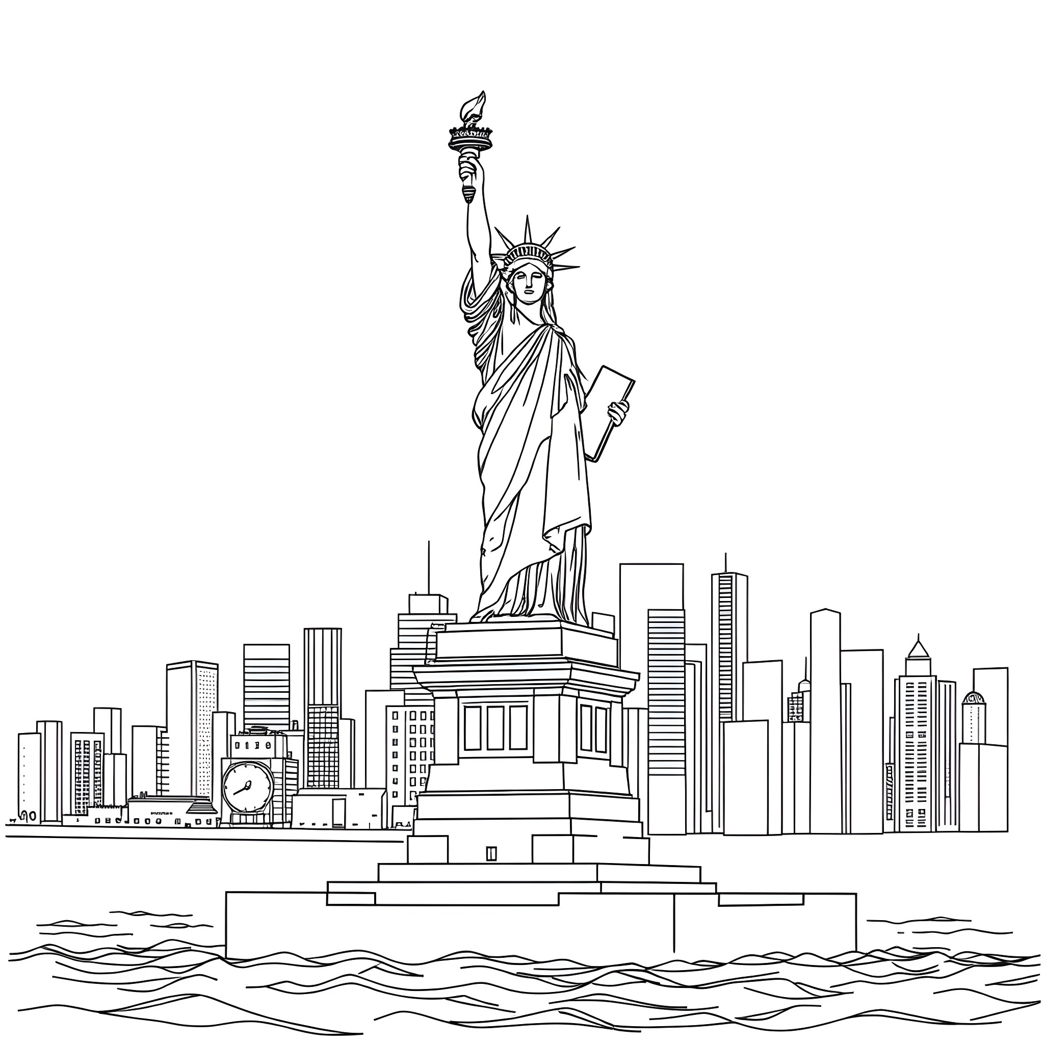 Statue Of Liberty standing tall in New York City skyline Coloring Page (free black-and-white line drawing printable PDF for all, from beginners to advanced learners, including children, teens, adults, and seniors)