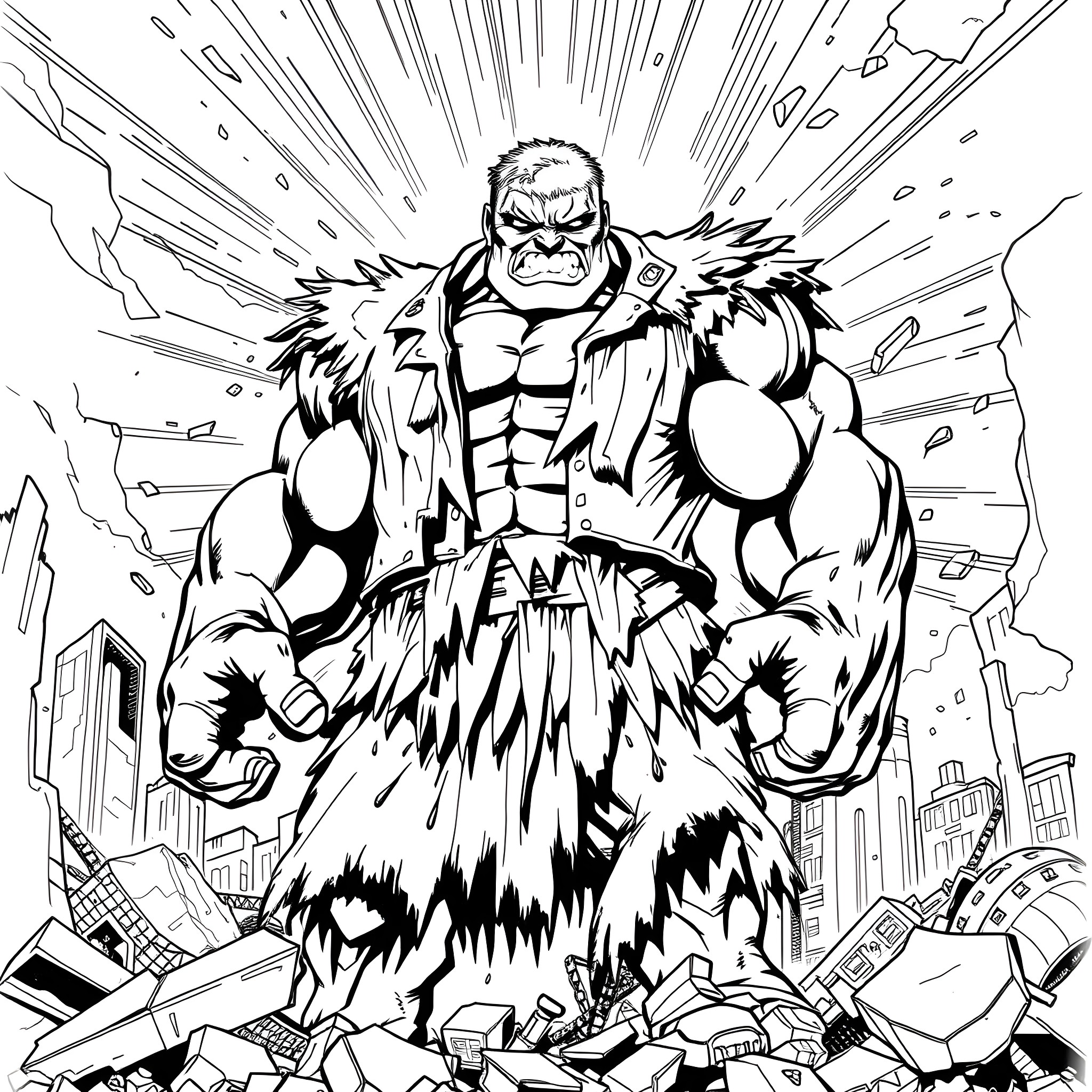 Skulk of a Mighty Warrior Amid Destruction Coloring Page (free black-and-white line drawing printable PDF for all, from beginners to advanced learners, including children, teens, adults, and seniors)