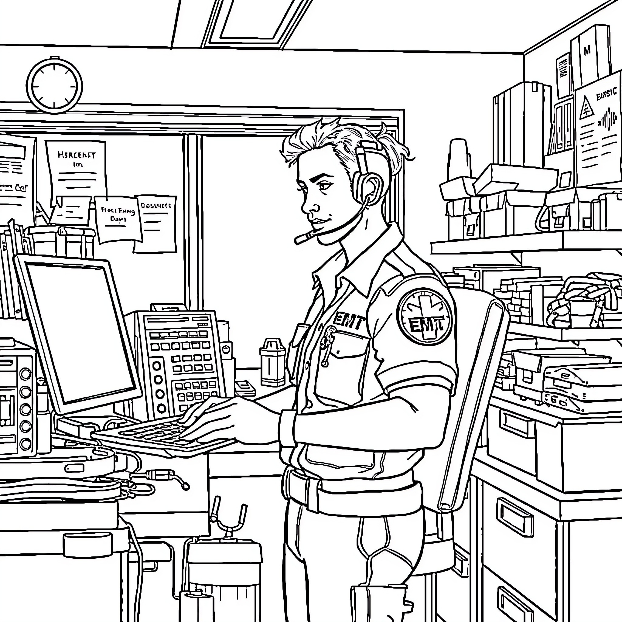 EMT Assisting in Medical Emergency Dispatch Coloring Page (free black-and-white line drawing printable PDF for all, from beginners to advanced learners, including children, teens, adults, and seniors)