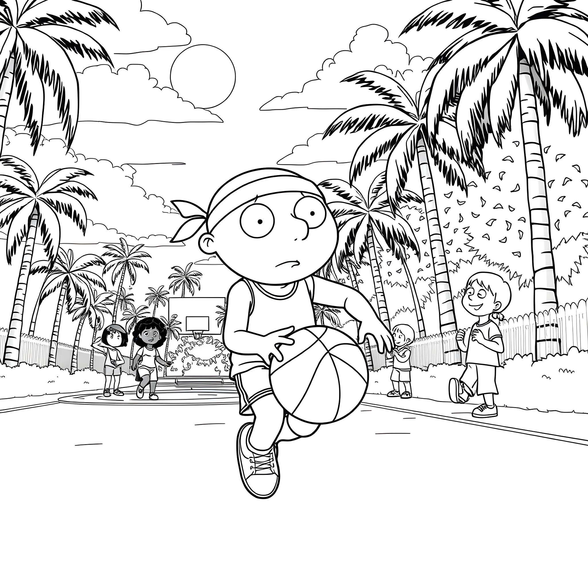 Stewie Griffin playing with friends in tropical paradise Coloring Page (free black-and-white line drawing printable PDF for all, from beginners to advanced learners, including children, teens, adults, and seniors)