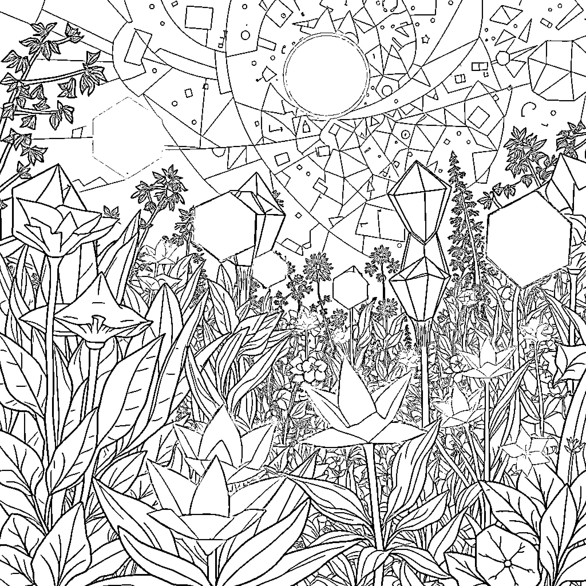 Garden of Geometric Shapes and Patterns Coloring Page (free black-and-white line drawing printable PDF for all, from beginners to advanced learners, including children, teens, adults, and seniors)