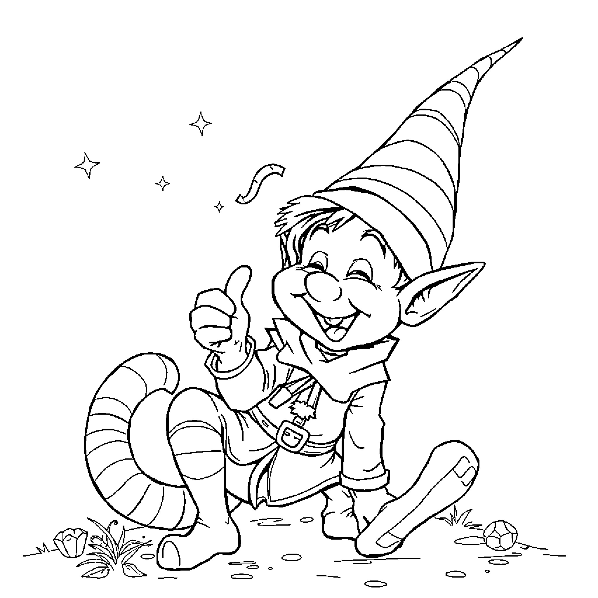 Lutin joyfully exploring the outdoors Coloring Page (free black-and-white line drawing printable PDF for all, from beginners to advanced learners, including children, teens, adults, and seniors)