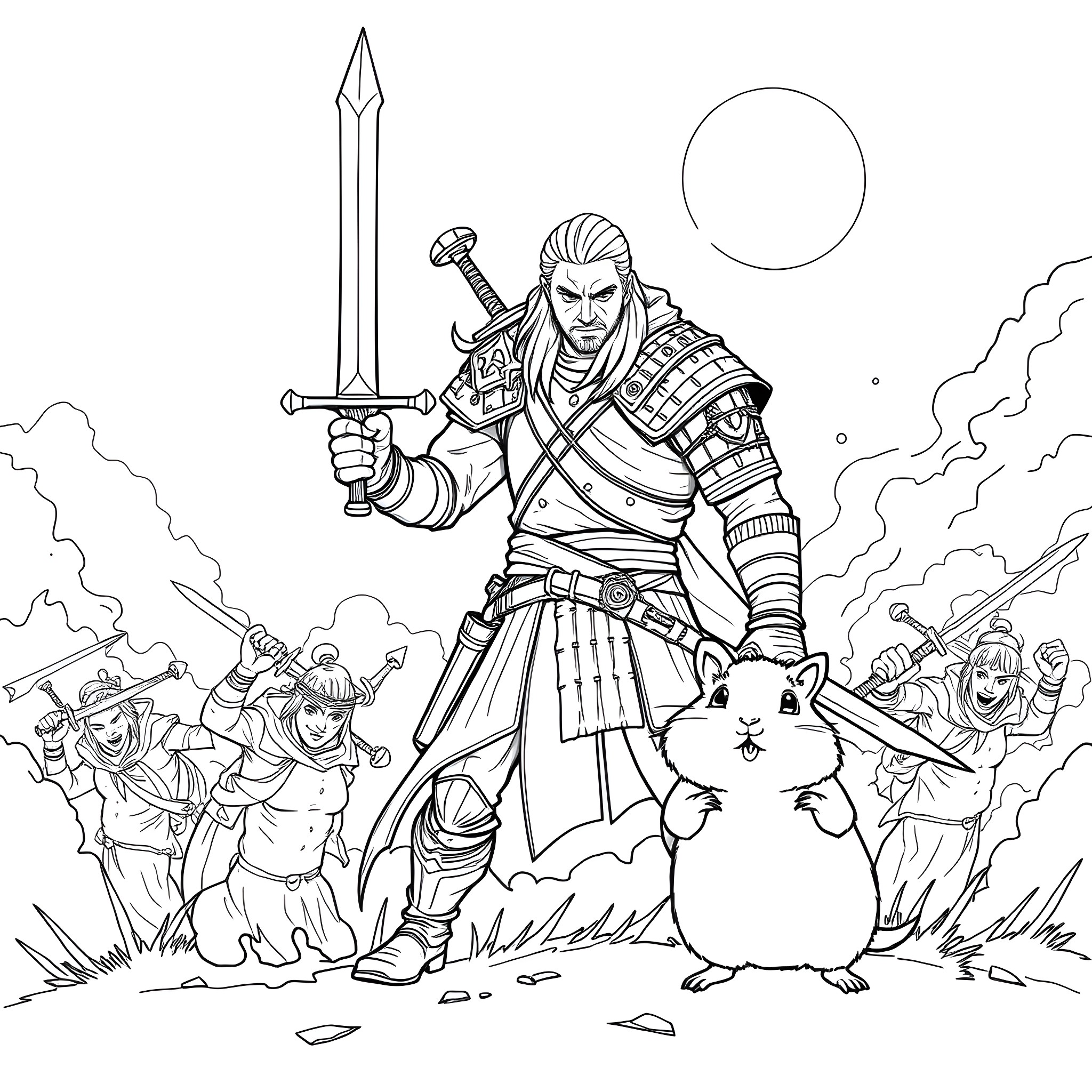 Hamster warrior leading a heroic charge on the battlefield Coloring Page (free black-and-white line drawing printable PDF for all, from beginners to advanced learners, including children, teens, adults, and seniors)