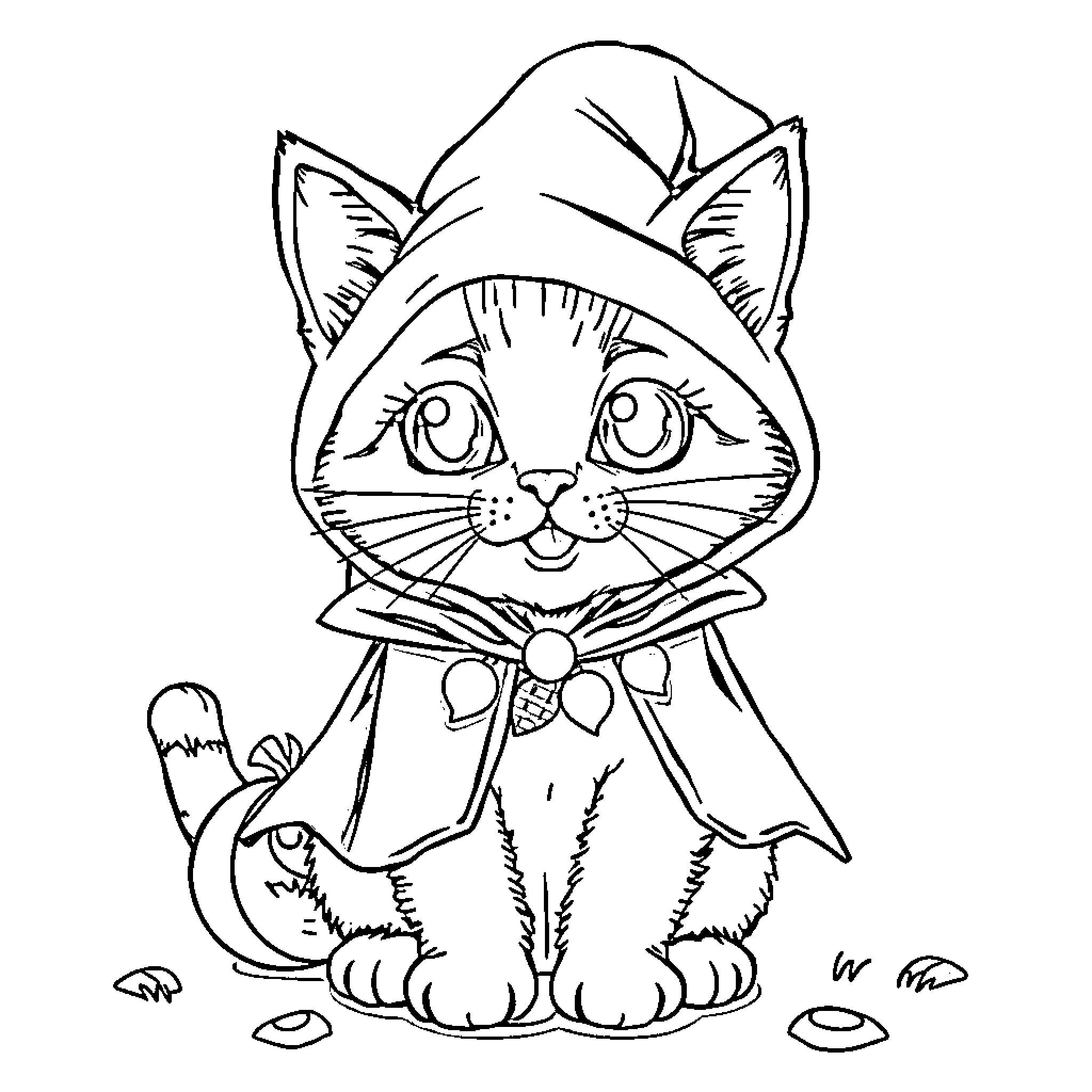 Cat dressed in costume with hat Coloring Page (free black-and-white line drawing printable PDF for all, from beginners to advanced learners, including children, teens, adults, and seniors)