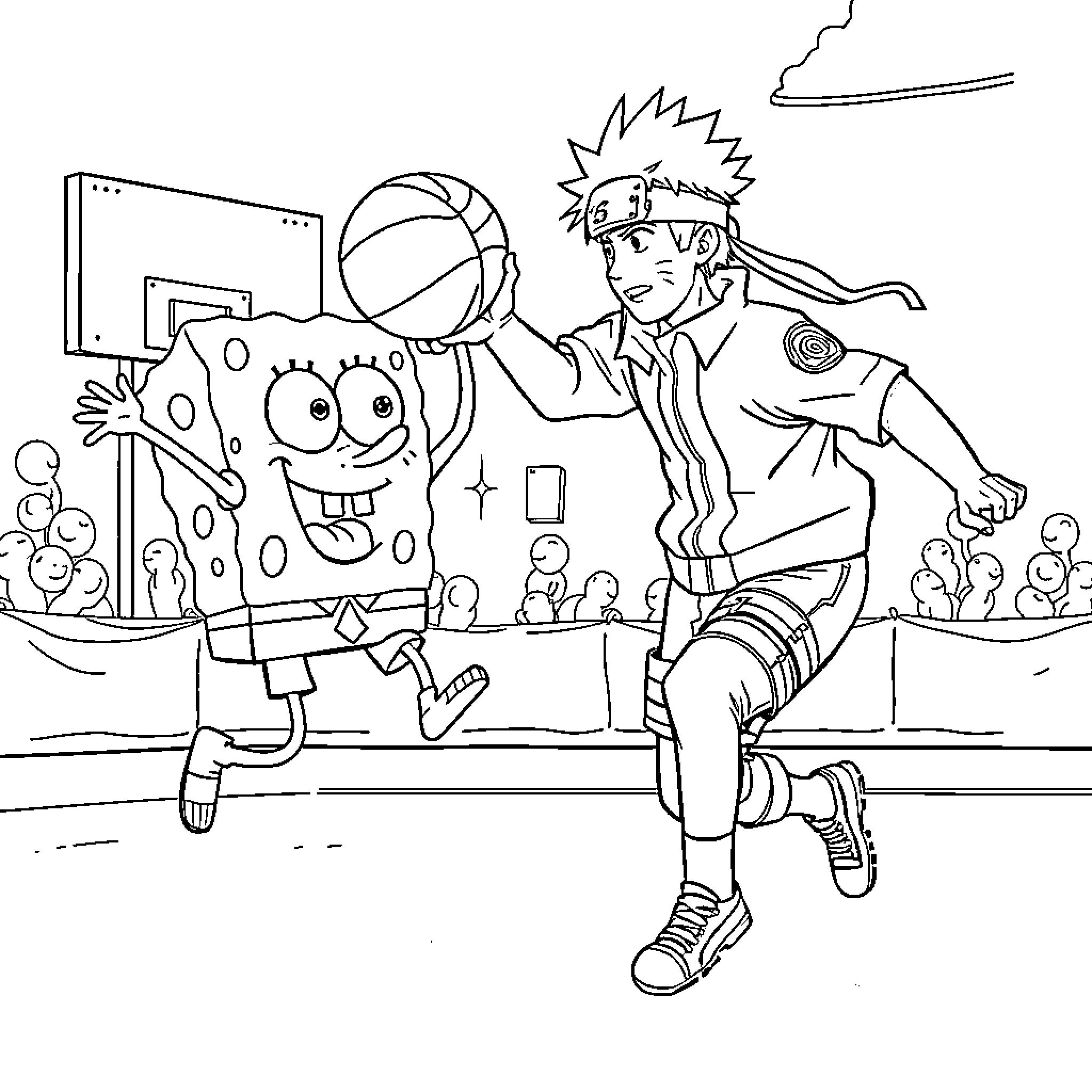 Naruto playing basketball with animated friend Coloring Page (free black-and-white line drawing printable PDF for all, from beginners to advanced learners, including children, teens, adults, and seniors)