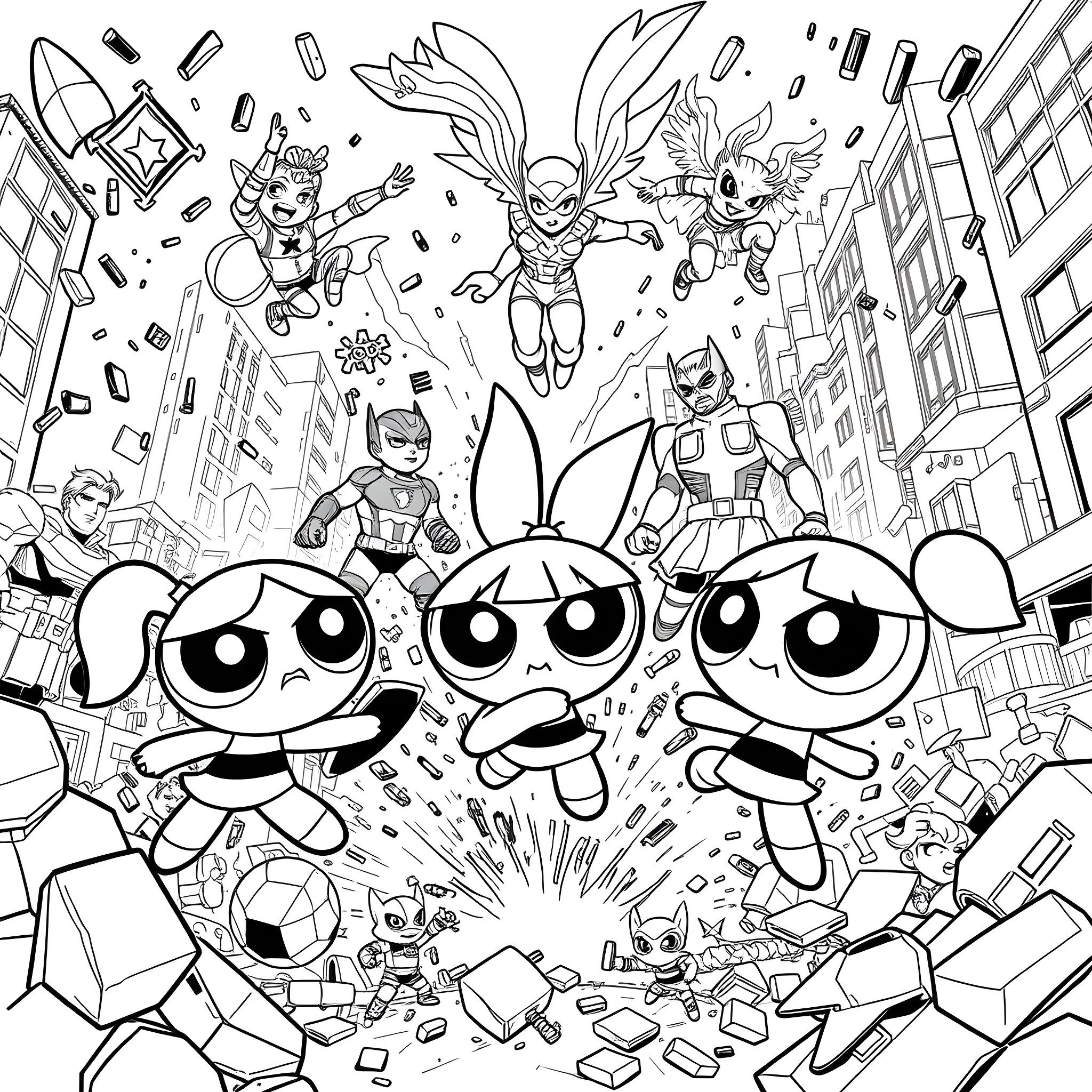 Powerpuff Girls in action-packed adventure Coloring Page (free black-and-white line drawing printable PDF for all, from beginners to advanced learners, including children, teens, adults, and seniors)