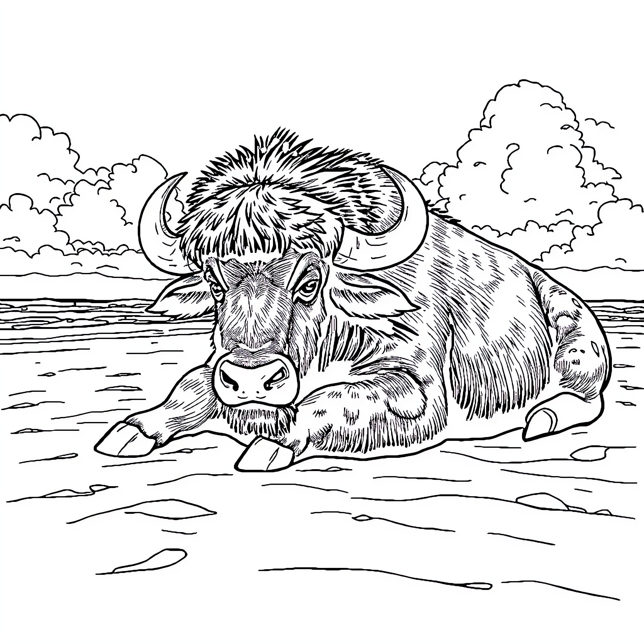 Buffalo resting in the pond Coloring Page (free black-and-white line drawing printable PDF for all, from beginners to advanced learners, including children, teens, adults, and seniors)