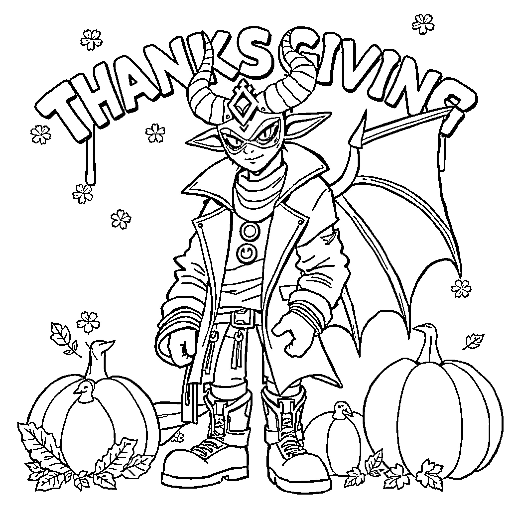 Kpop Demon Hunter Celebrates Thanksgiving with Pumpkins Coloring Page (free black-and-white line drawing printable PDF for all, from beginners to advanced learners, including children, teens, adults, and seniors)