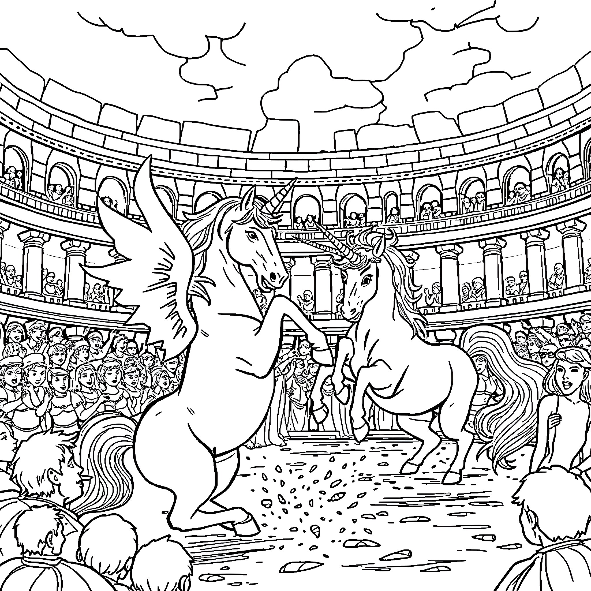Unicorn Magic Show in Majestic Colosseum Coloring Page (free black-and-white line drawing printable PDF for all, from beginners to advanced learners, including children, teens, adults, and seniors)