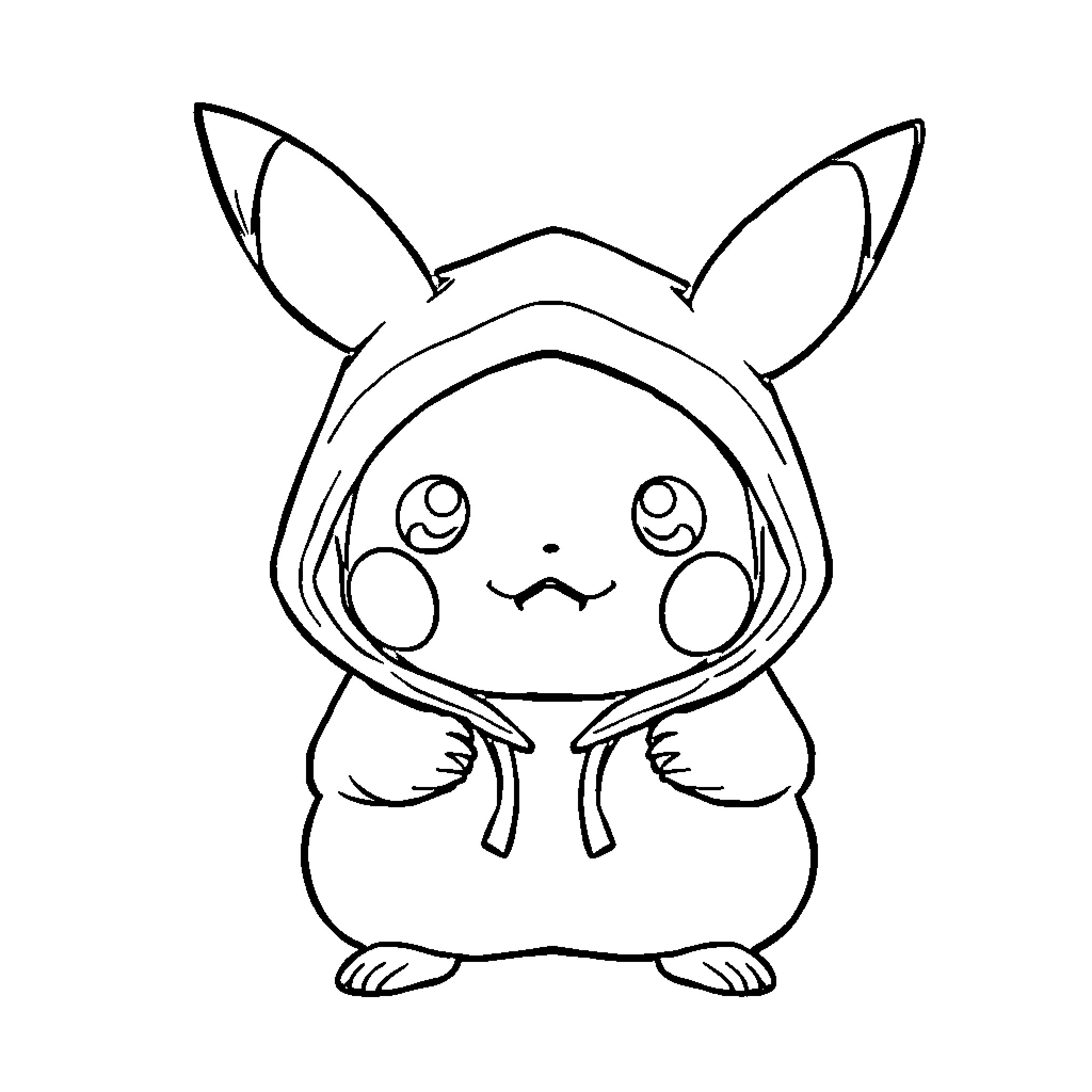Pikachu wearing a cute hoodie Coloring Page (free black-and-white line drawing printable PDF for all, from beginners to advanced learners, including children, teens, adults, and seniors)